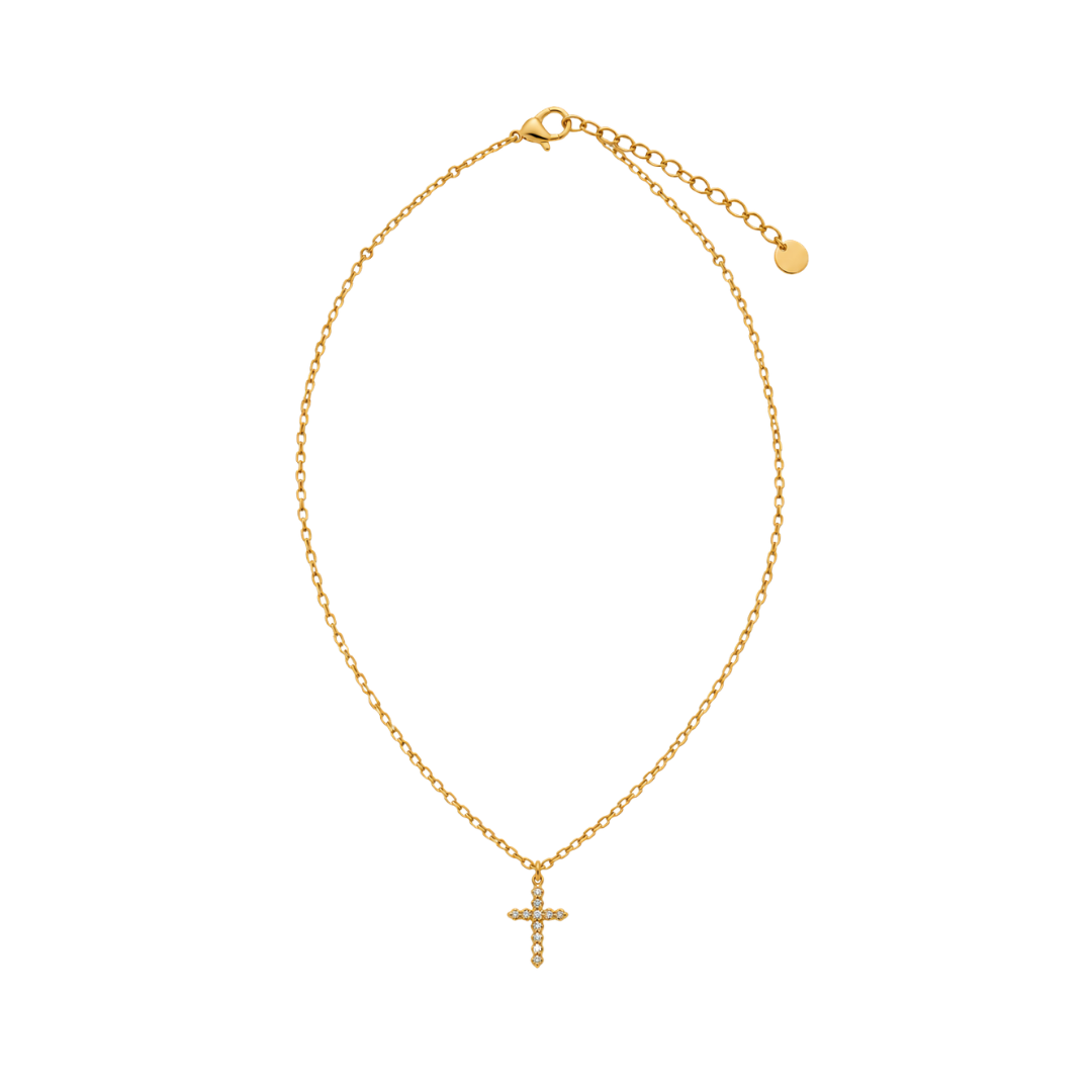 18K Gold Brushed Crystal Cross Necklace