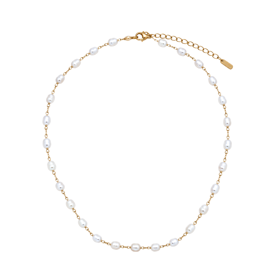 Waterproof 18K Gold Brushed Delicate Pearl Station Choker