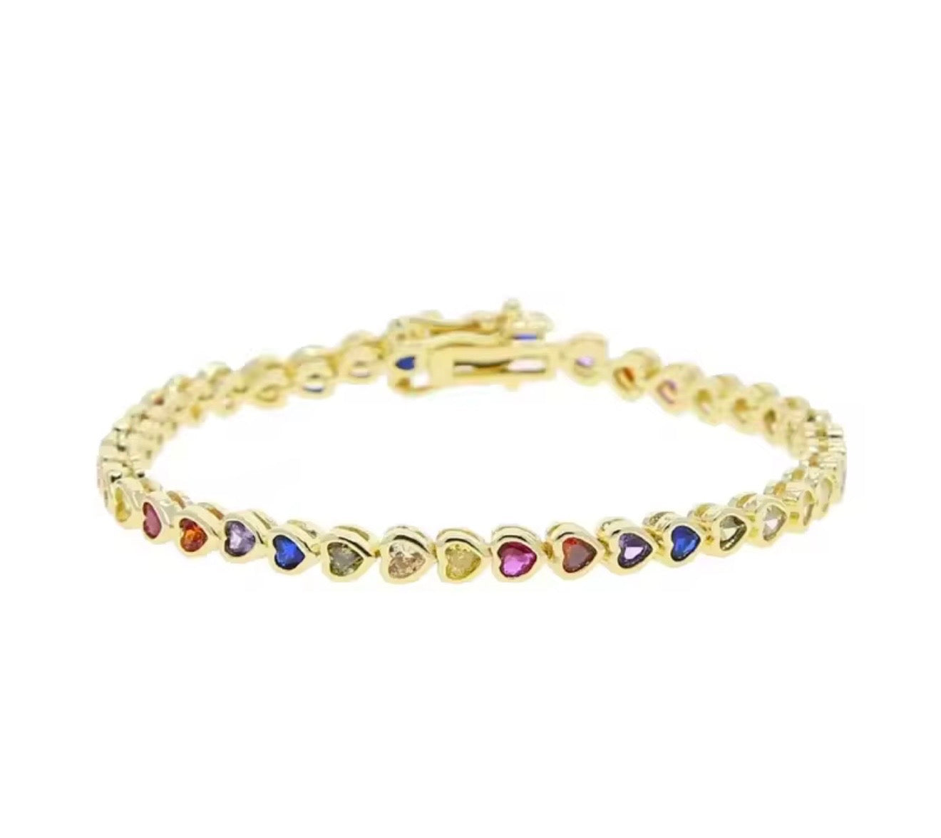18K Gold & Rainbow Heart Tennis Bracelet