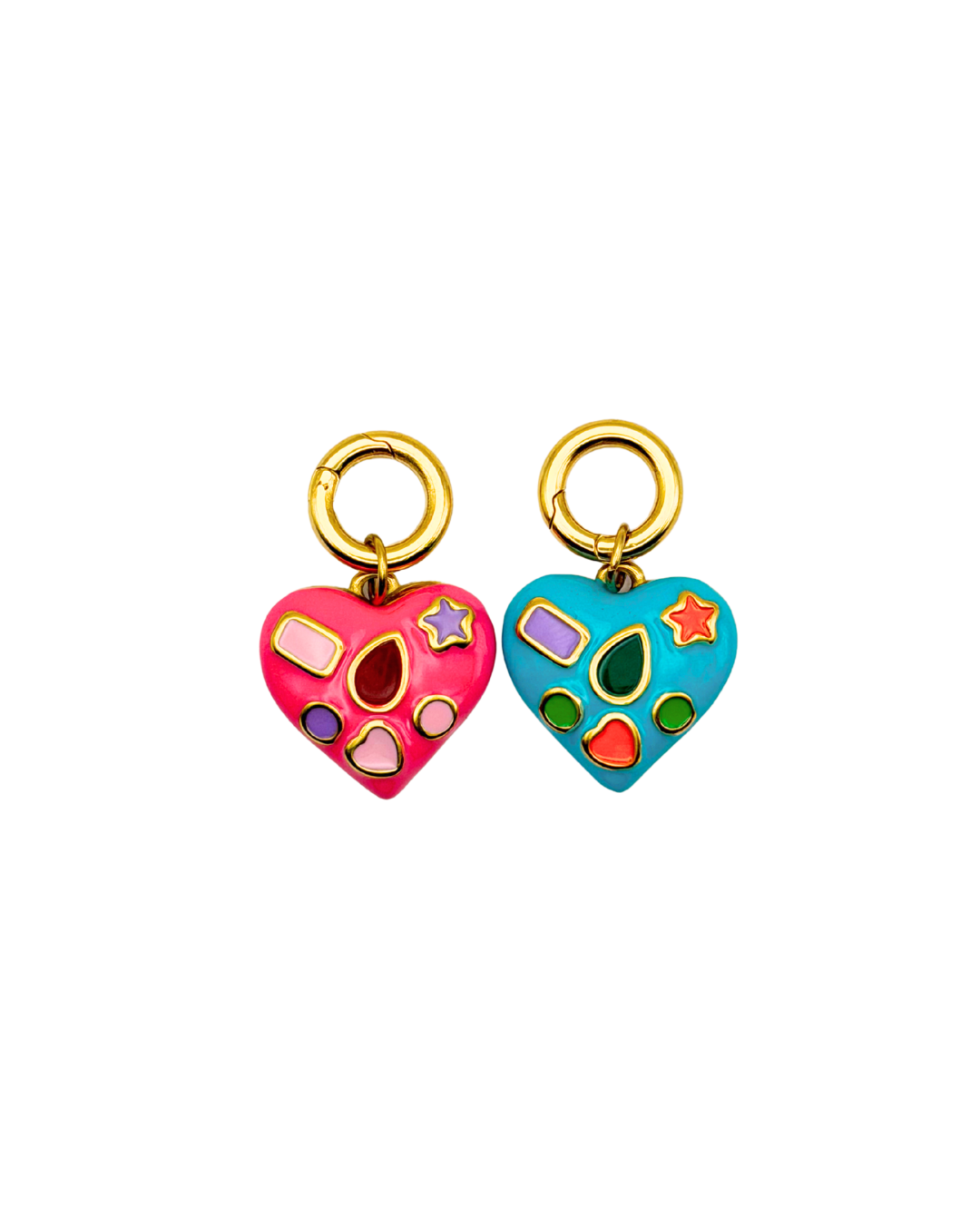 Two colorful heart-shaped charms on gold loops against a white background