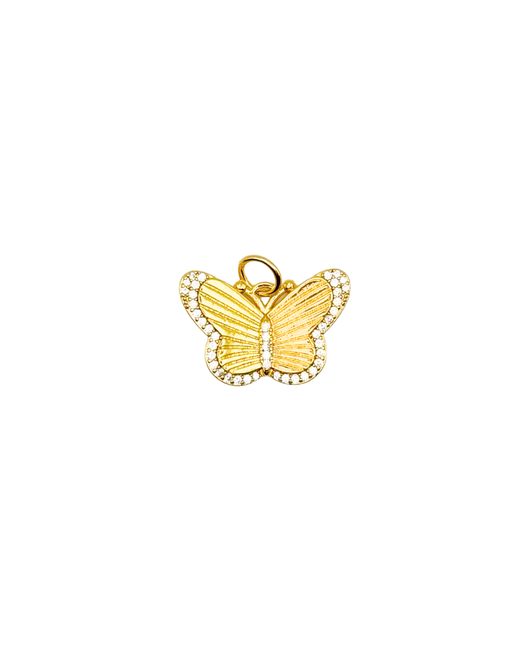Gold butterfly charm on a white background