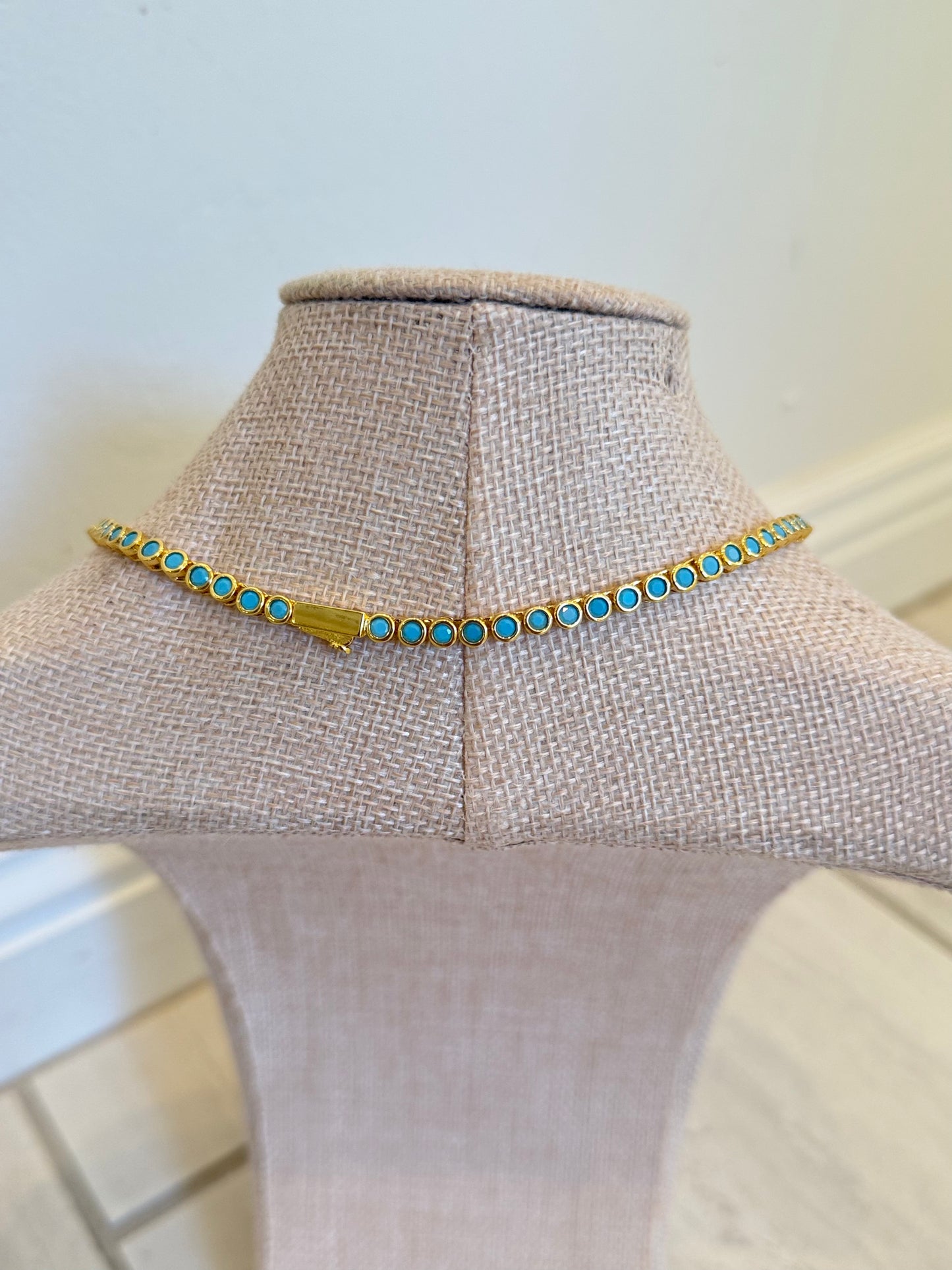 18K Gold & Turquoise Round Bezel Tennis Necklace