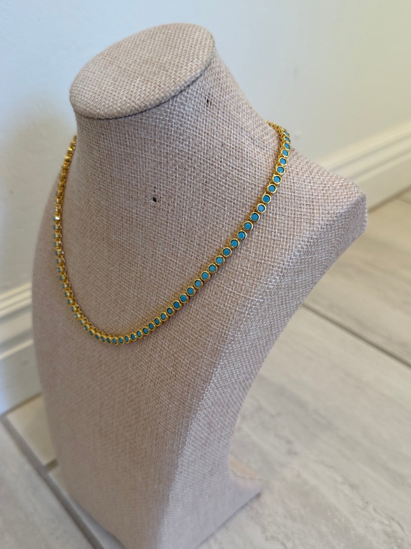 18K Gold & Turquoise Round Bezel Tennis Necklace
