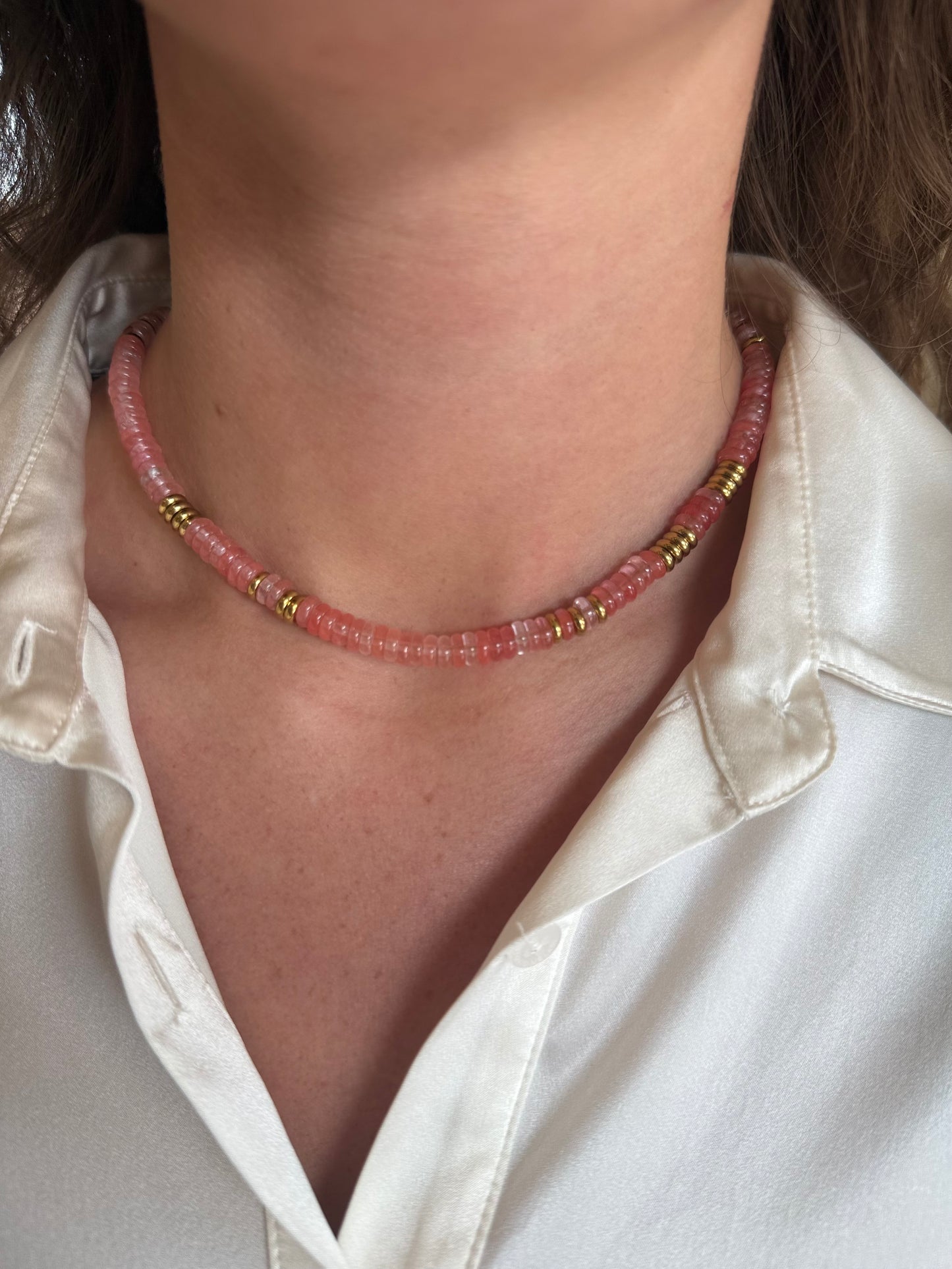 Small Pink Gemstone Necklace with Gold Accents