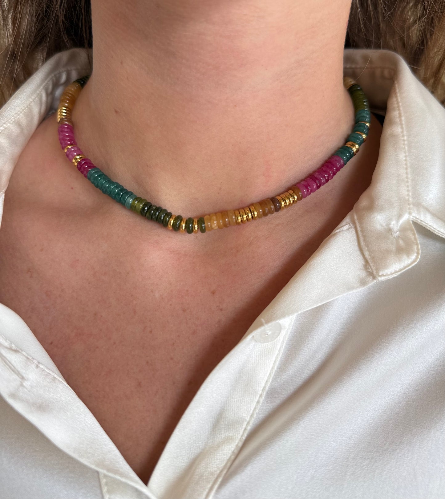 Small Jewel Tone Multicolor Gemstone Necklace with Gold Accents