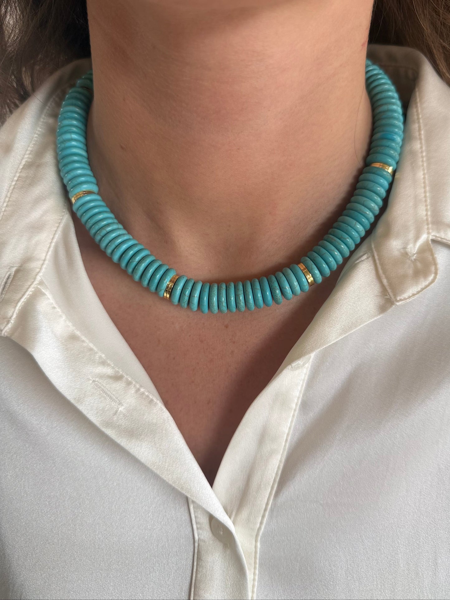 Chunky Turquoise Gemstone Necklace with Gold Accents