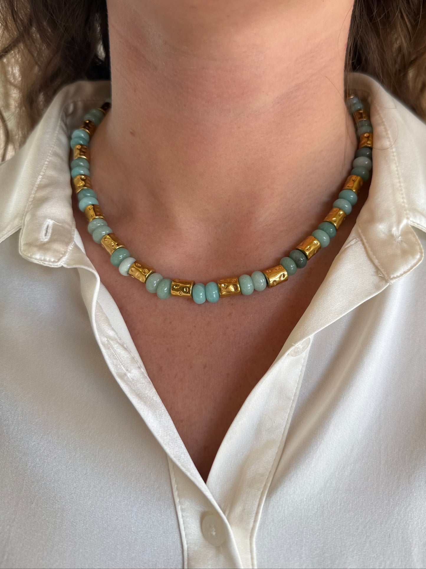 Turquoise Gemstone Necklace with Gold Hammered Accents