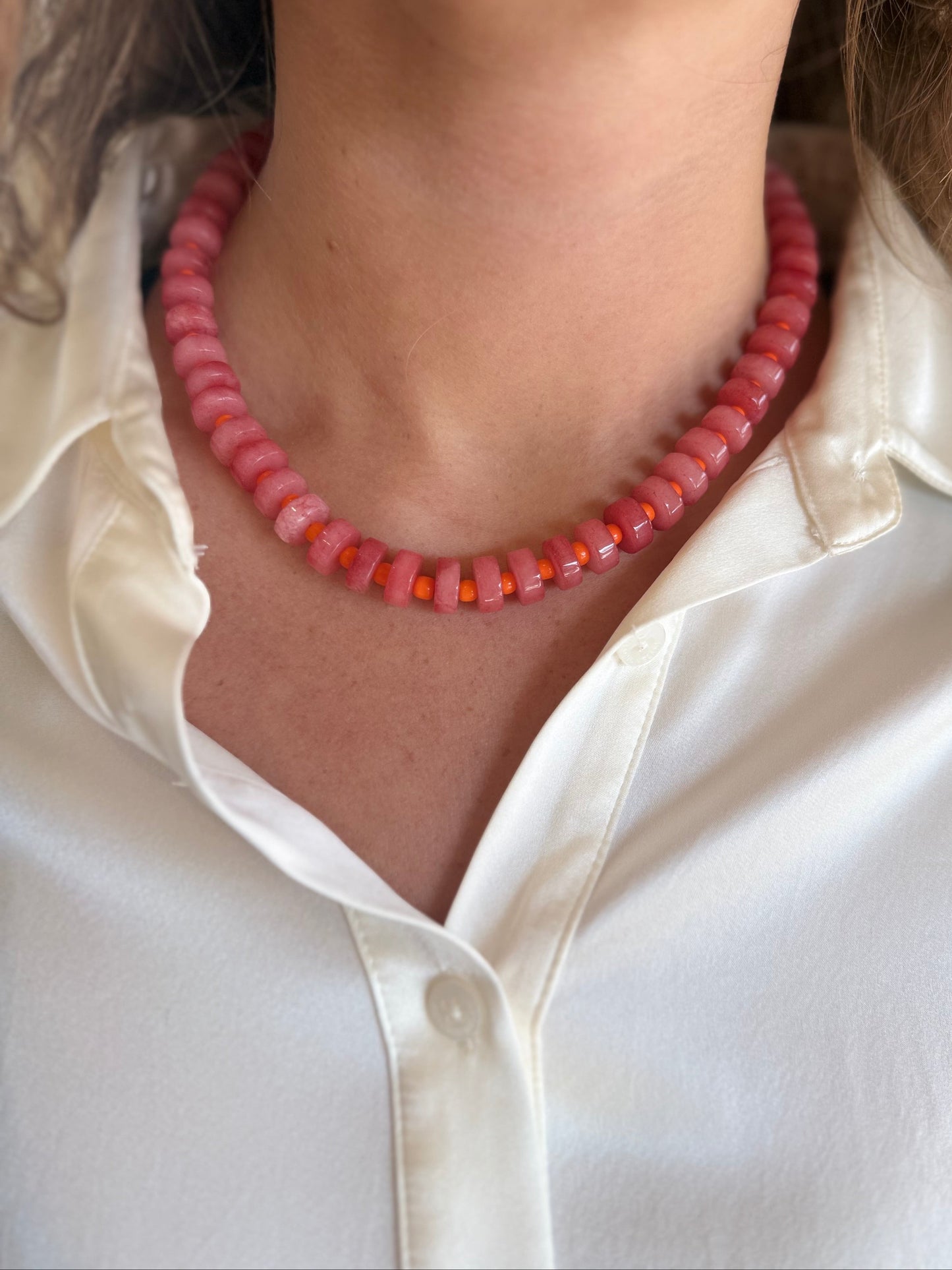 Chunky Candy Chip Pink & Orange Necklace