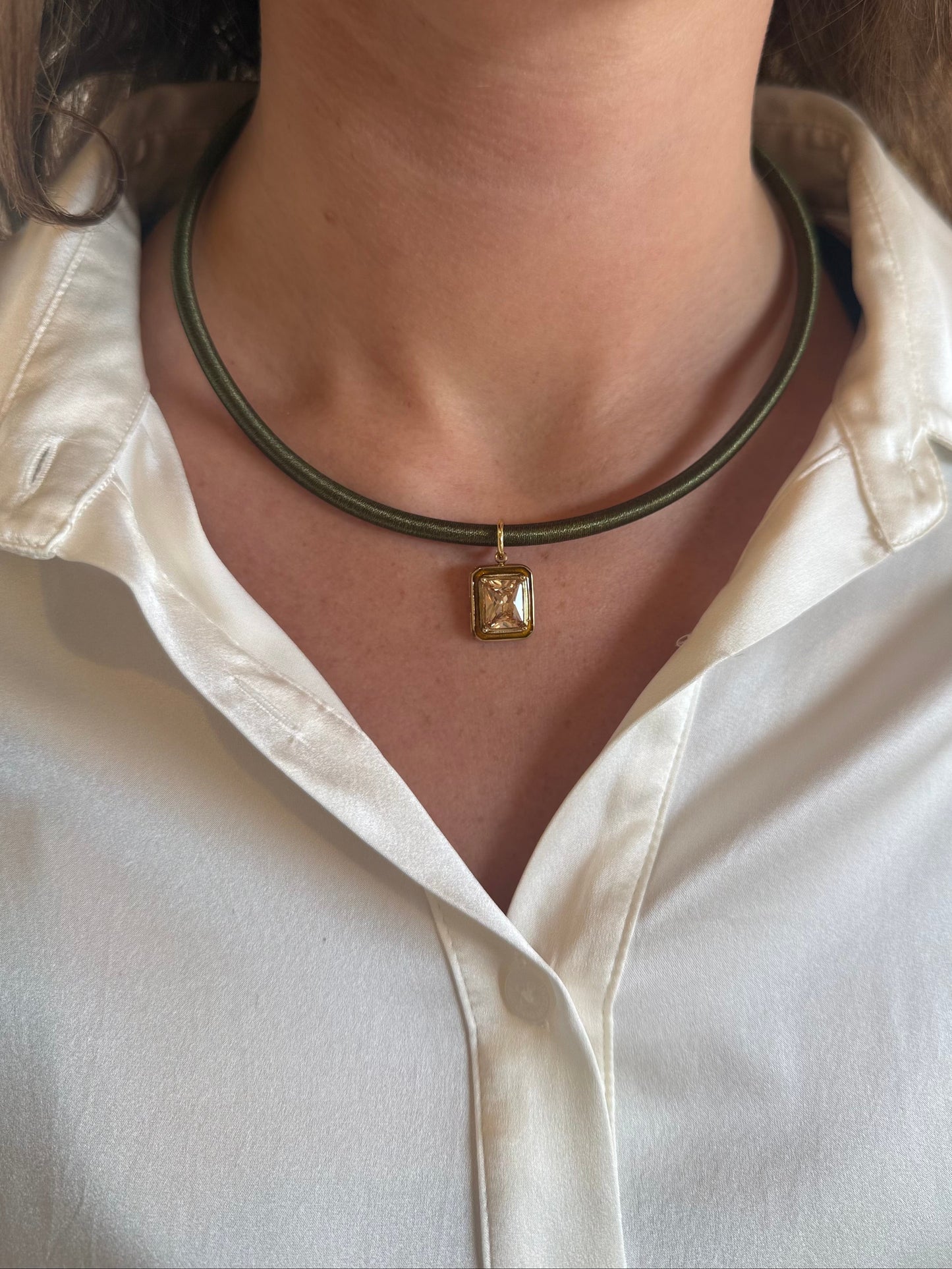 Olive Green Satin Necklace with gold pendant