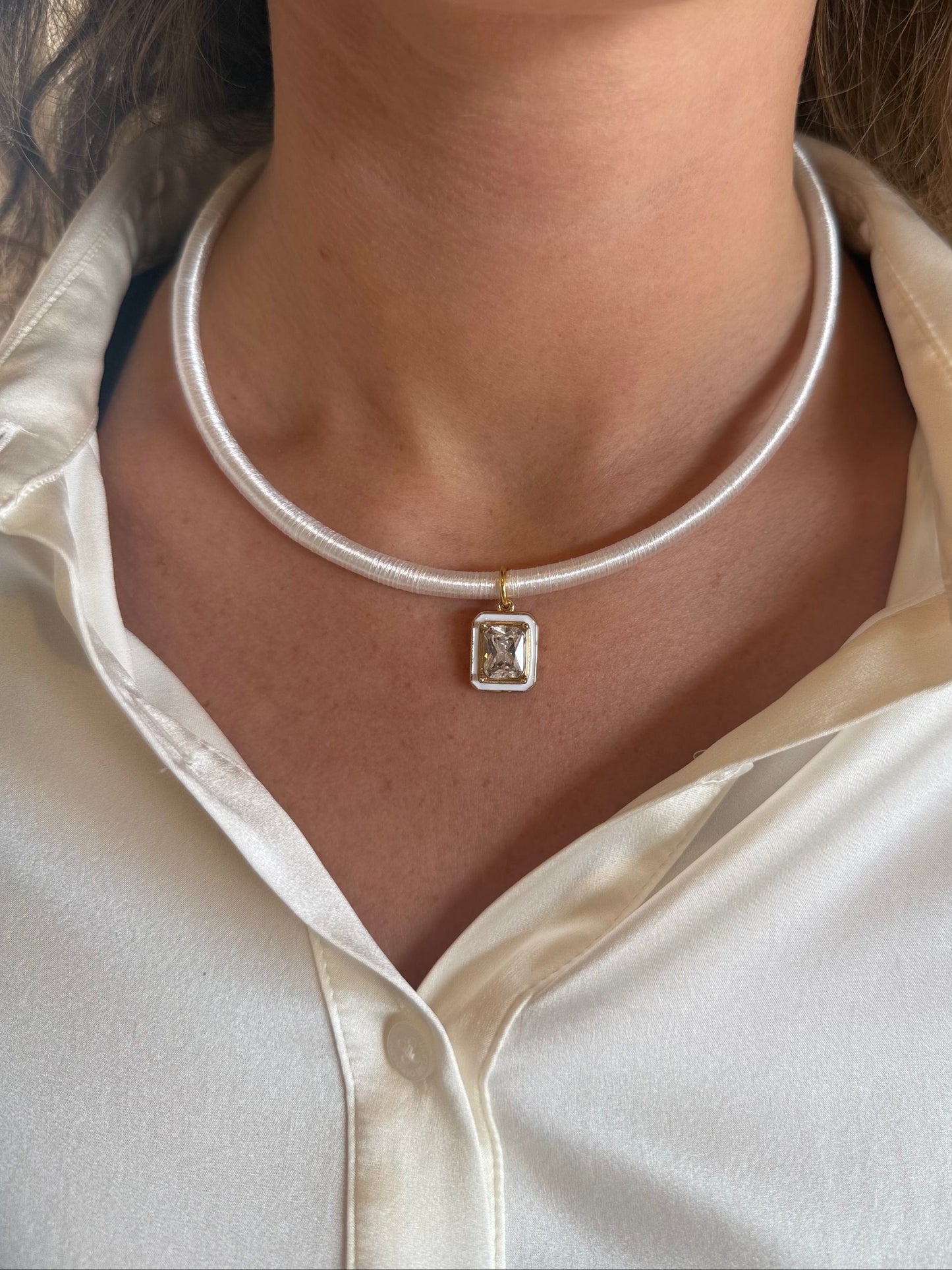 White Satin Necklace with crystal pendant