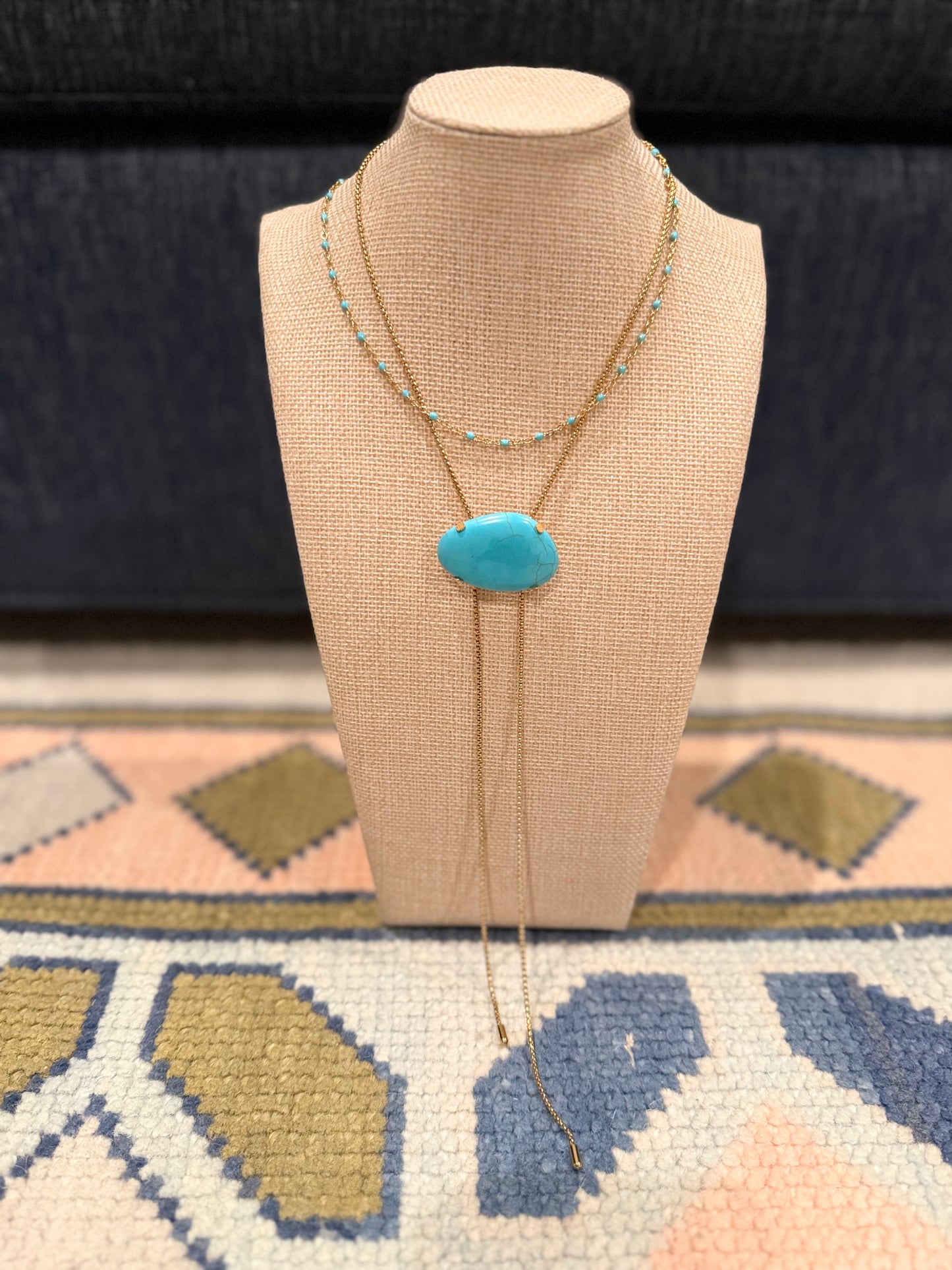 18K Gold & Turquoise Stone Adjustable Bolo Necklace