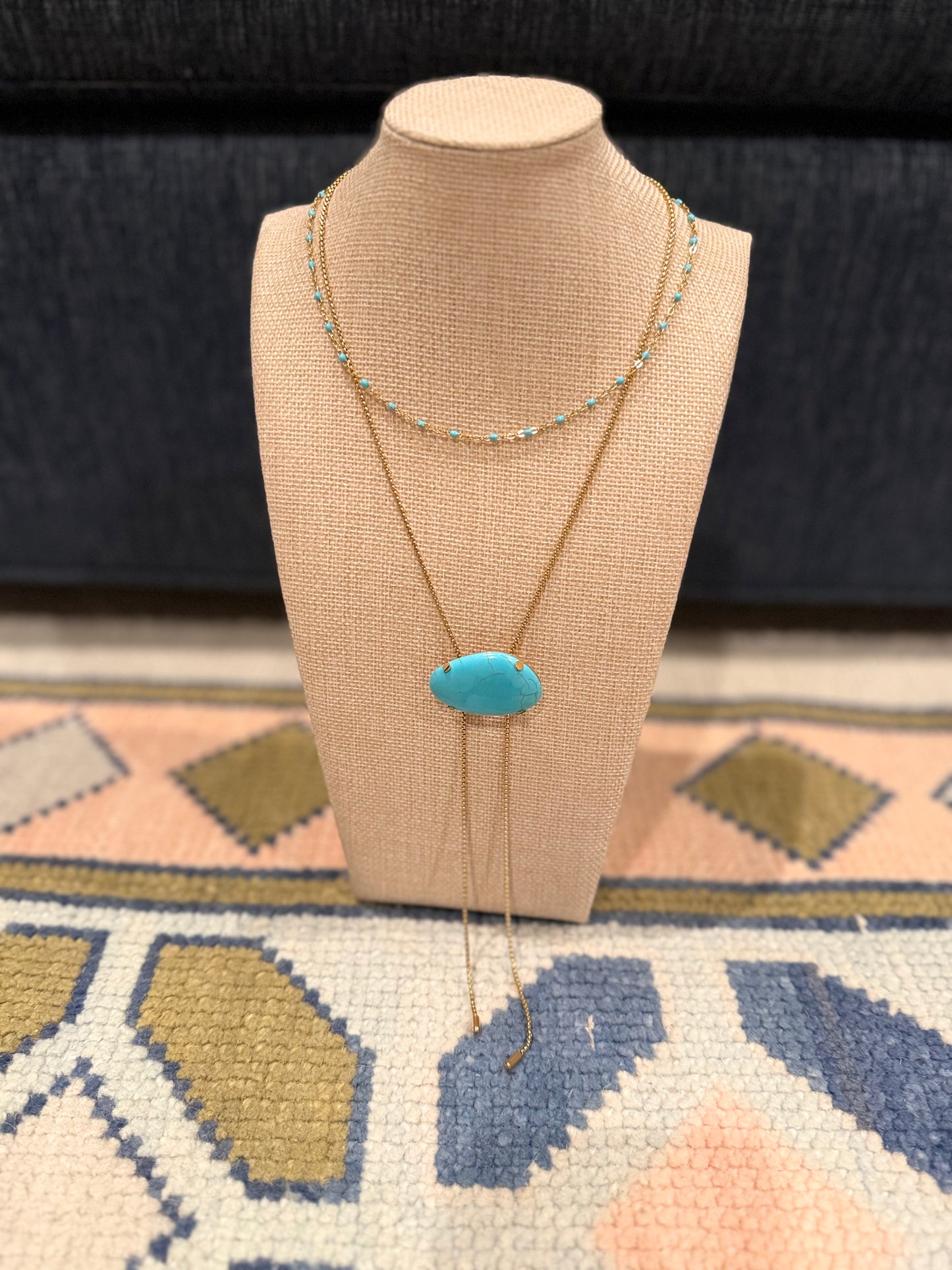 18K Gold & Turquoise Stone Adjustable Bolo Necklace