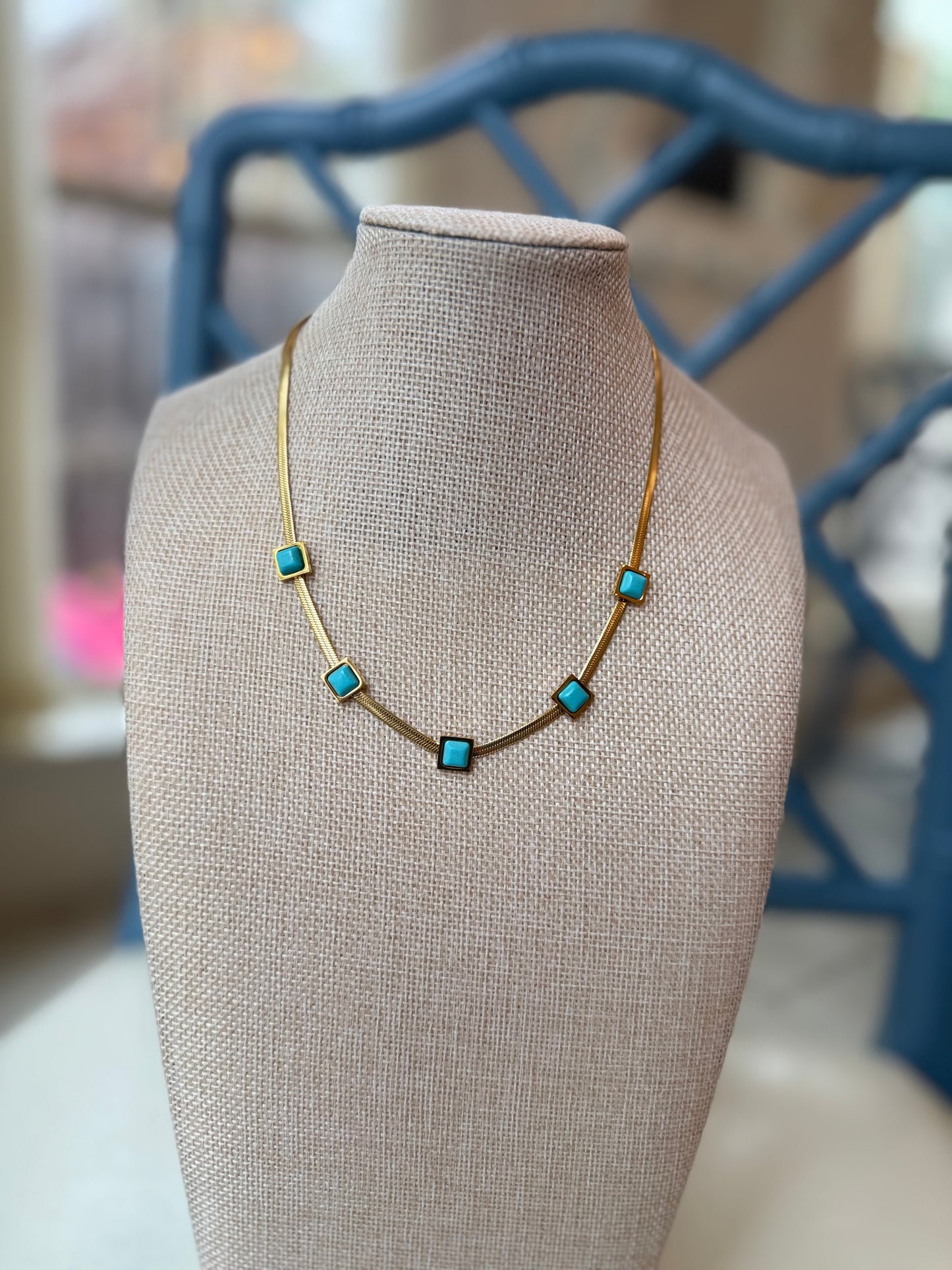 18K Gold & Turquoise Herringbone Chain Necklace