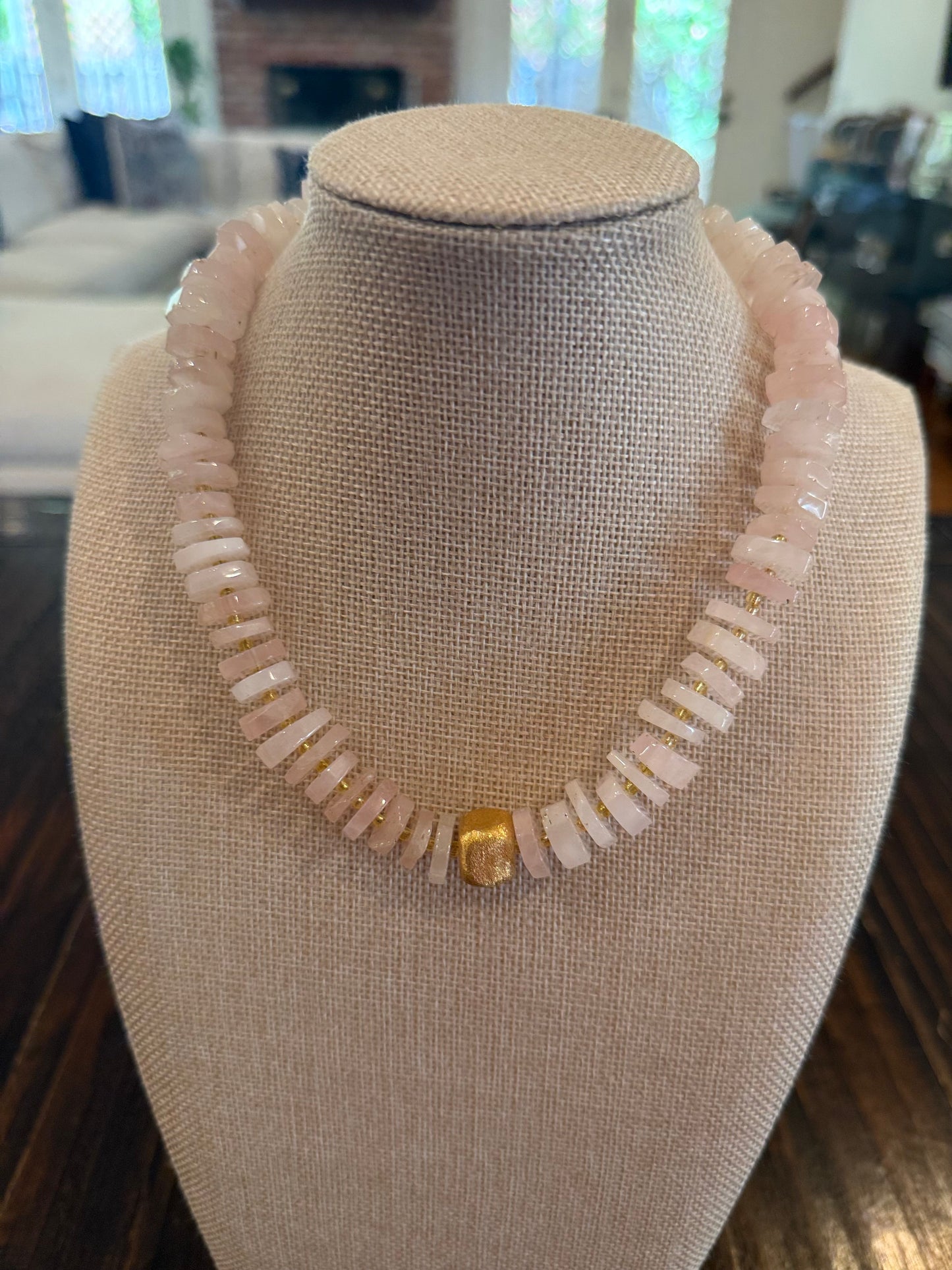 Chunky Rose Quartz Flat Gemstone Necklace