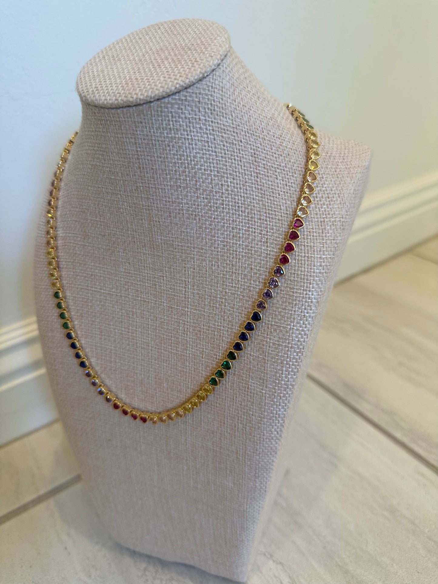 18K Gold Rainbow Heart Tennis Necklace