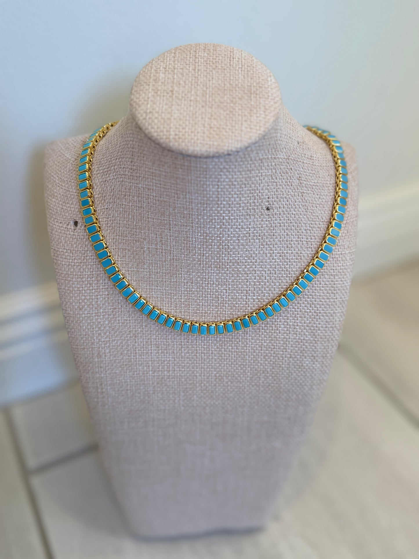 18K Gold & Turquoise Rectangular Tennis Necklace