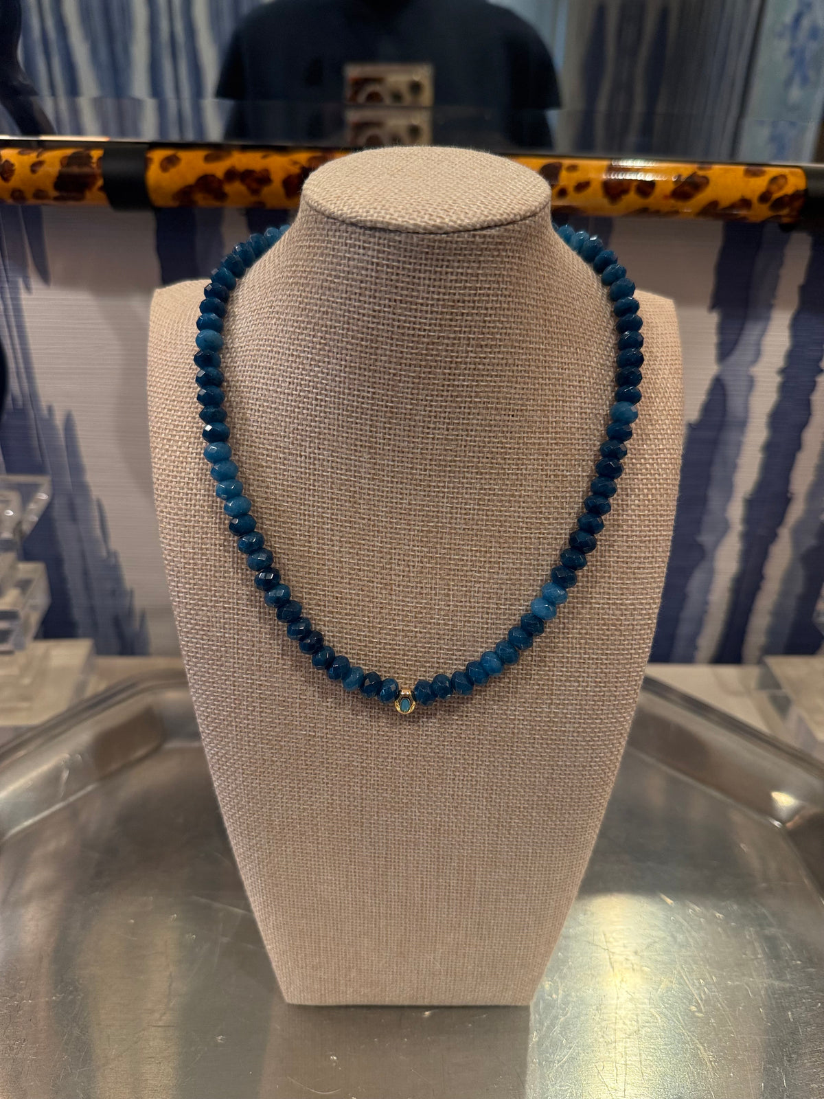 Faceted Dark Blue Gemstone Necklace with Bezel Pendant