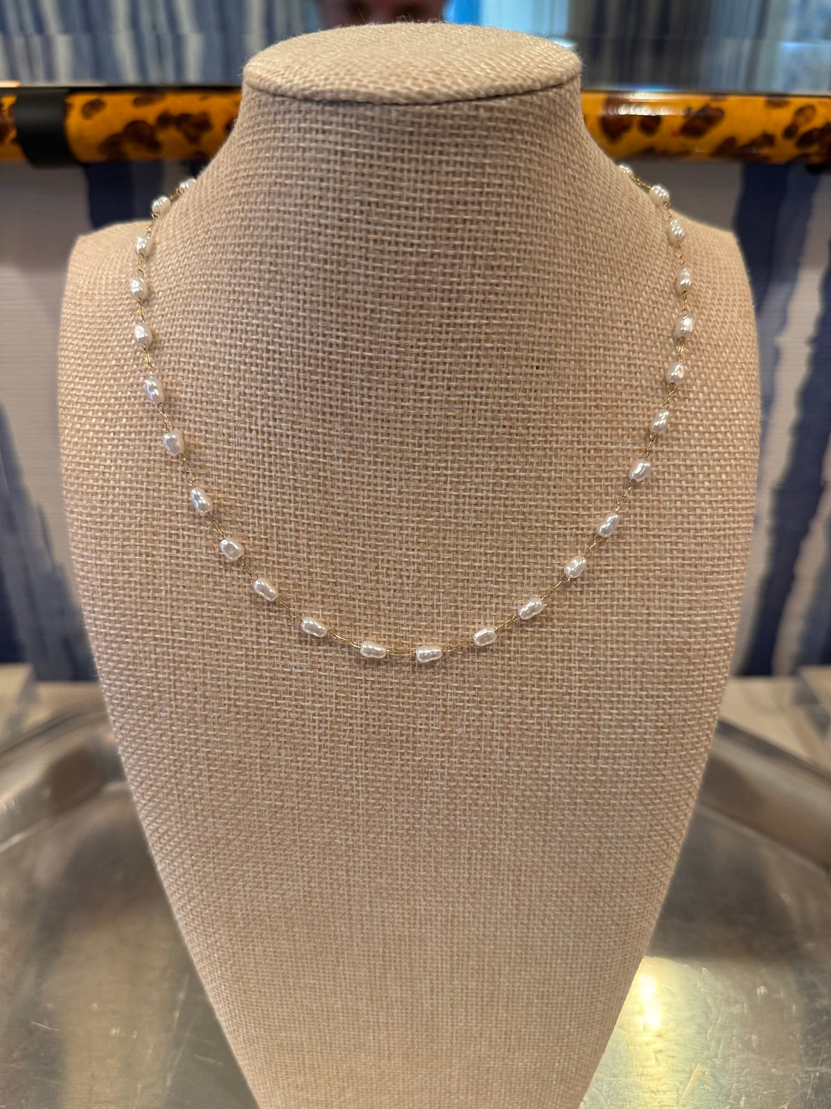 Waterproof 18K Gold Brushed Delicate Pearl Station Choker