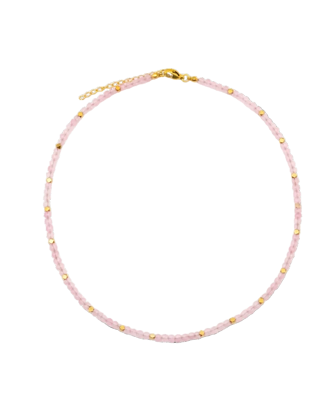 Necklace with pink and gold beads on a white background