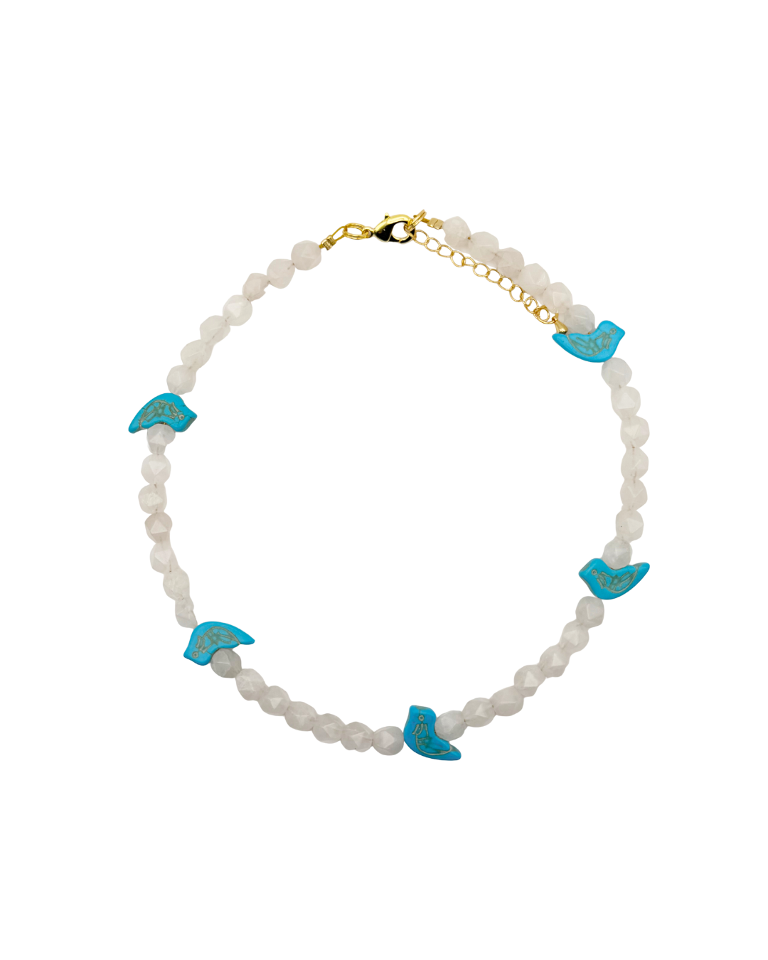 Necklace with white beads and blue birds charms