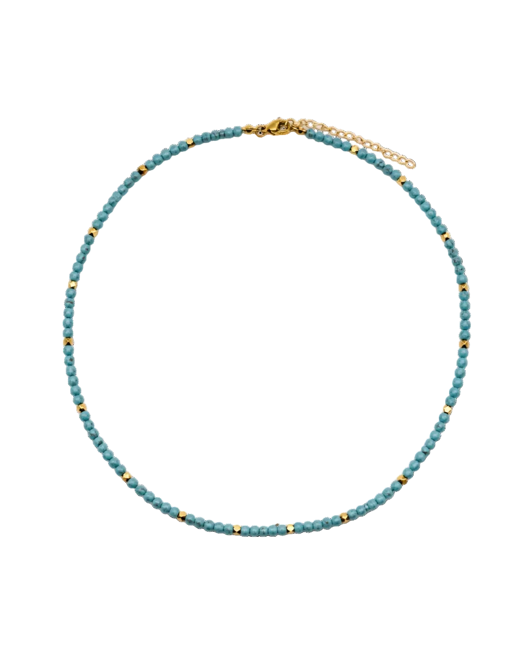 Blue beaded necklace with a gold clasp on a white background