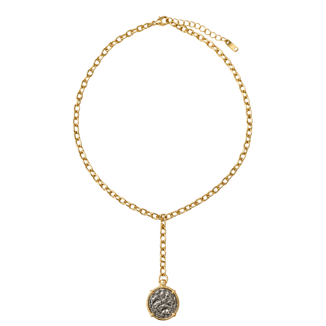 18K Gold Brushed Waterproof Two Tone Coin Pendant Chain