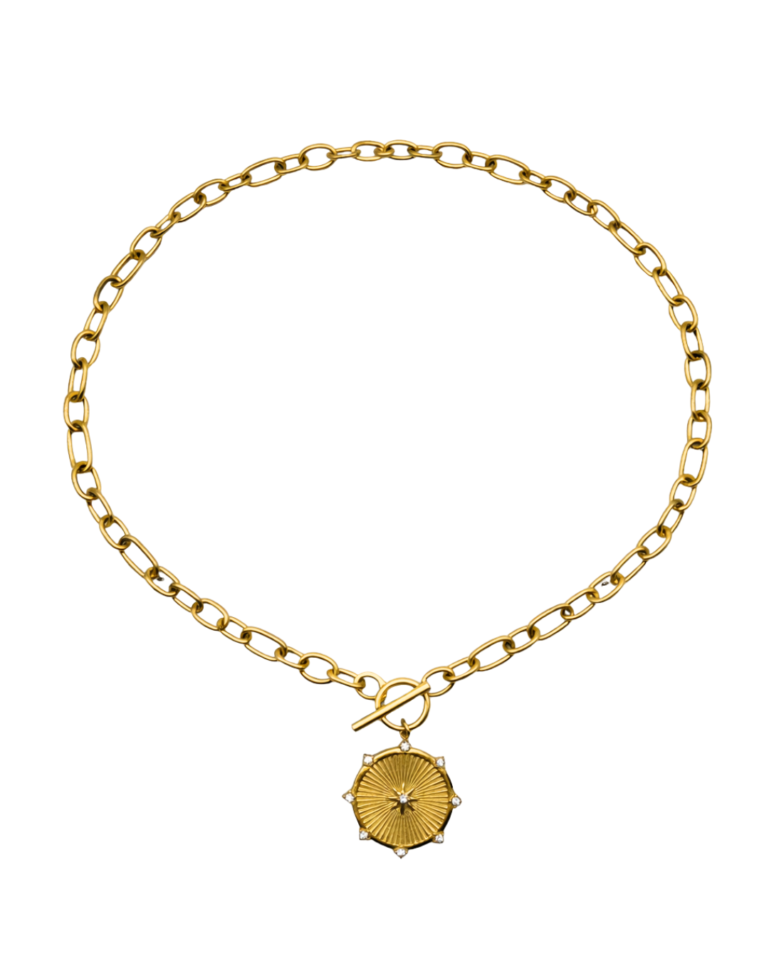 Gold chain bracelet with a round pendant on a white background