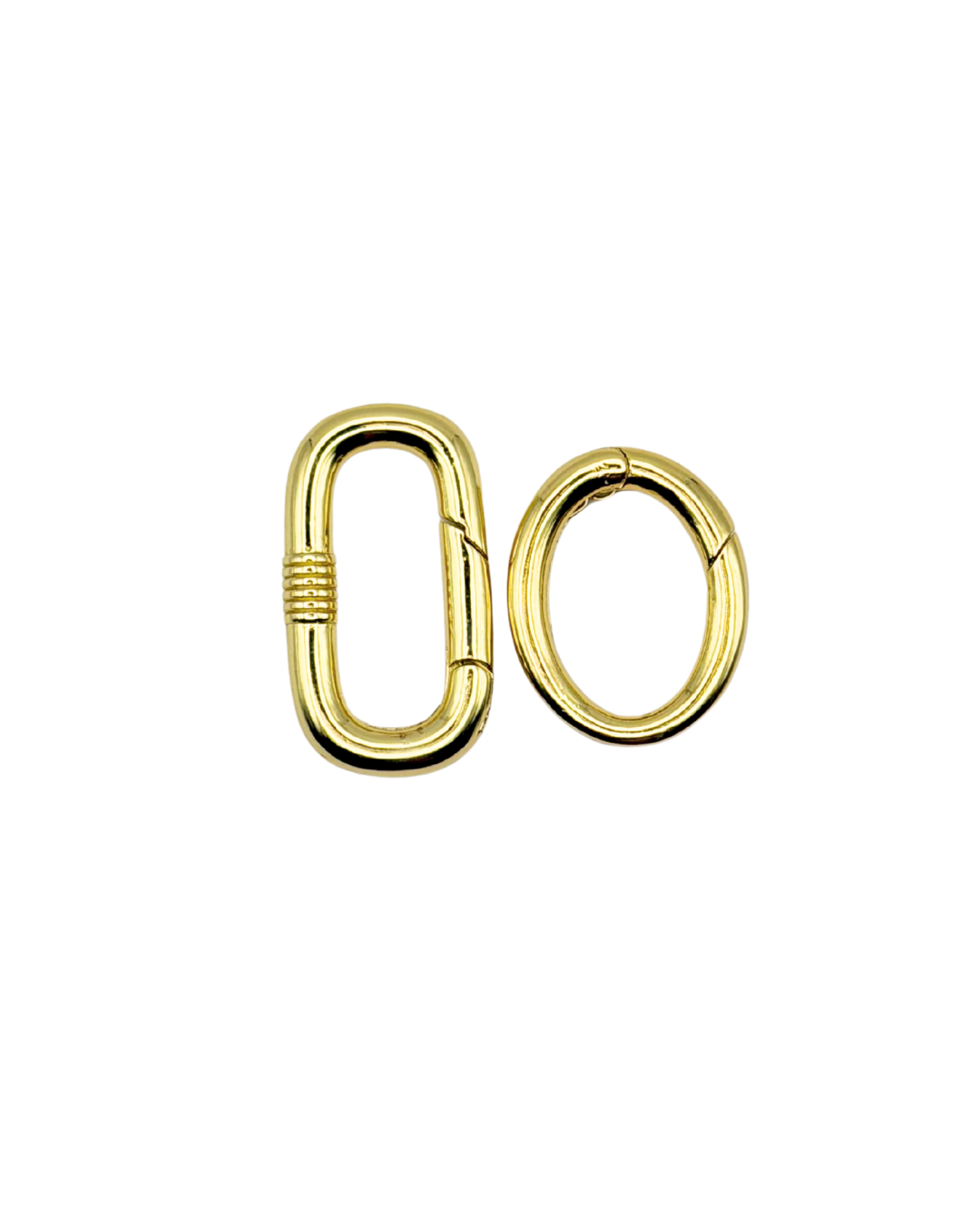 Gold metal carabiner on a white background