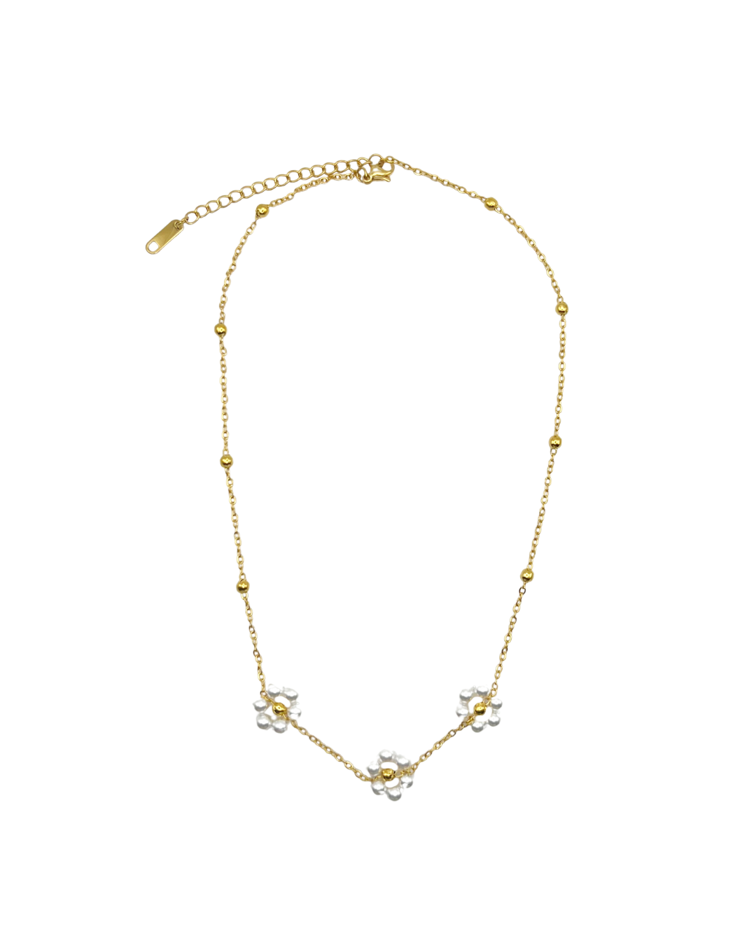 Gold necklace with small floral pendants on a white background