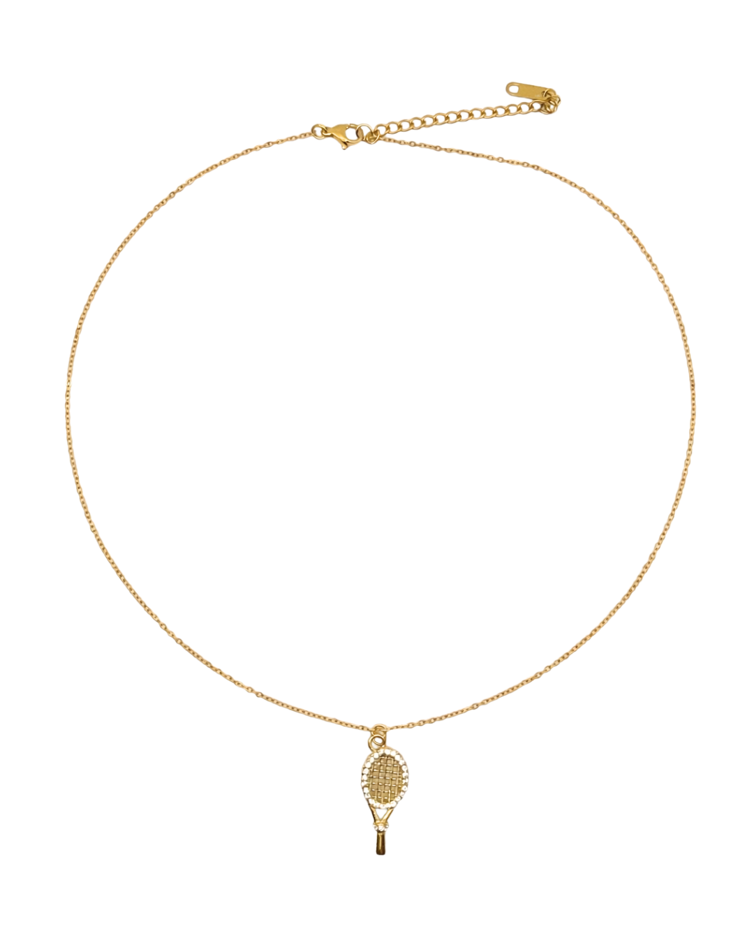 Gold necklace with a tennis racket pendant on a white background