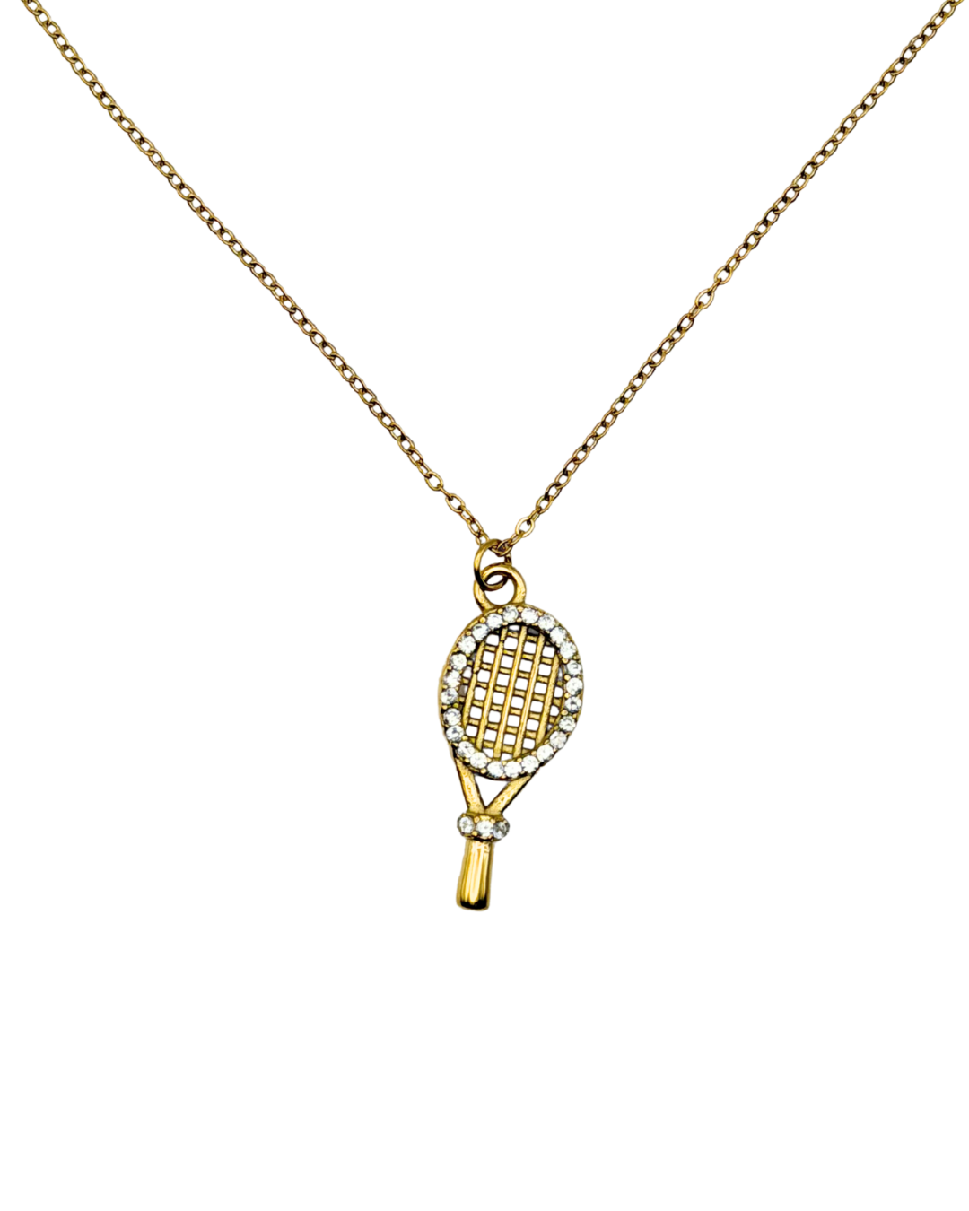 Gold necklace with a tennis racket pendant on a white background