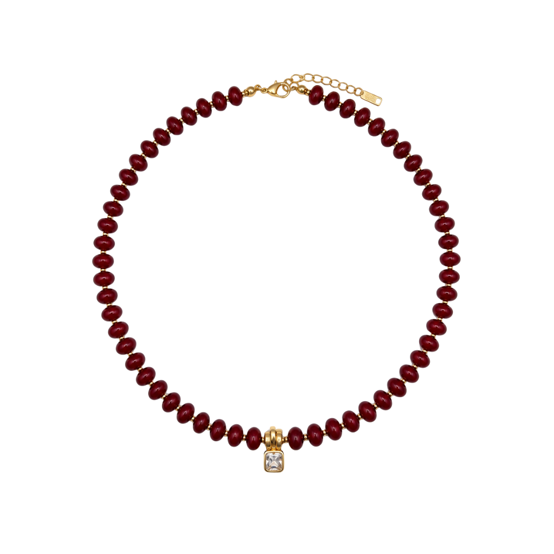 The Maroon Beaded Bezel Charm Necklace