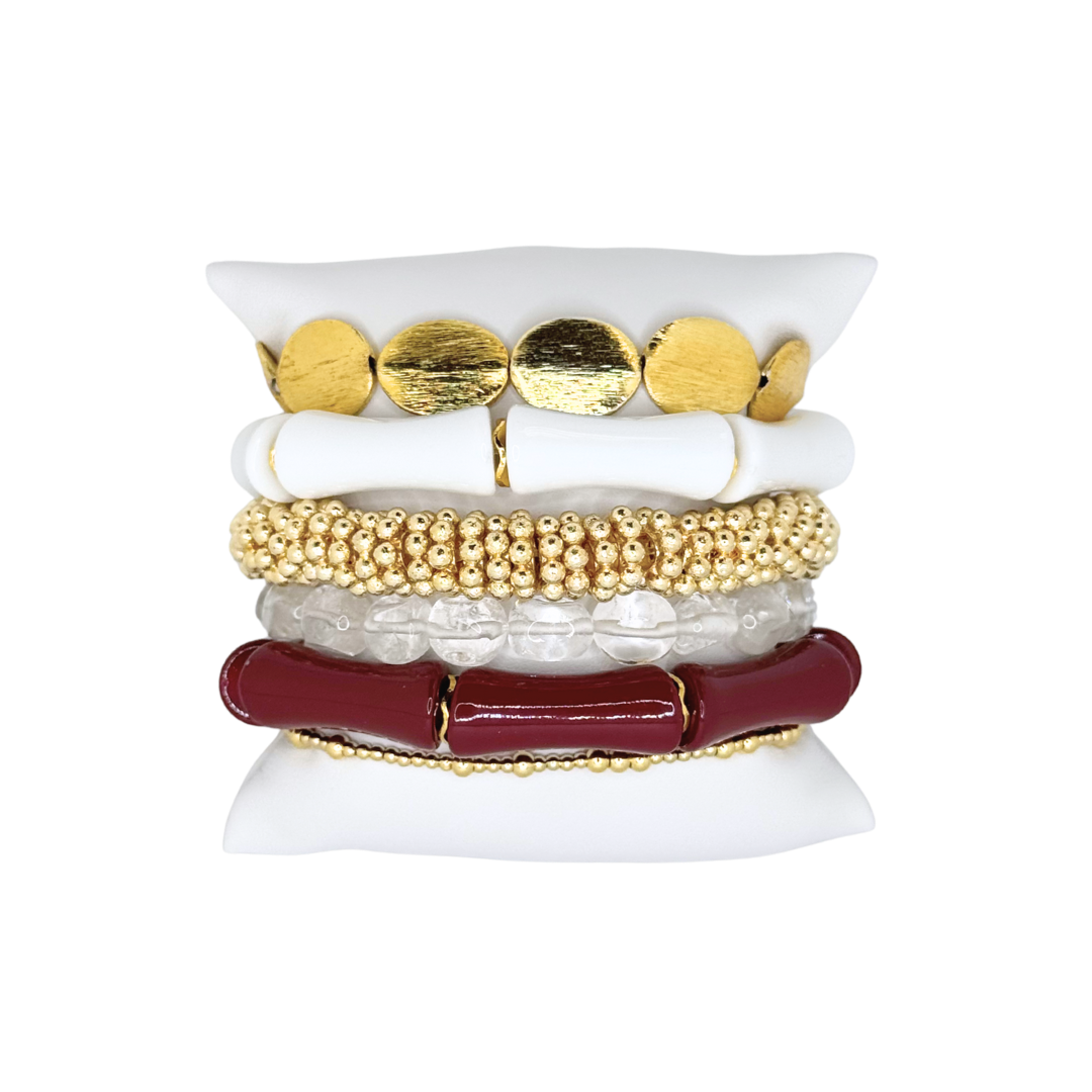 Maroon, White and Gold Luxe Bracelet Stack A&M WTAMU University