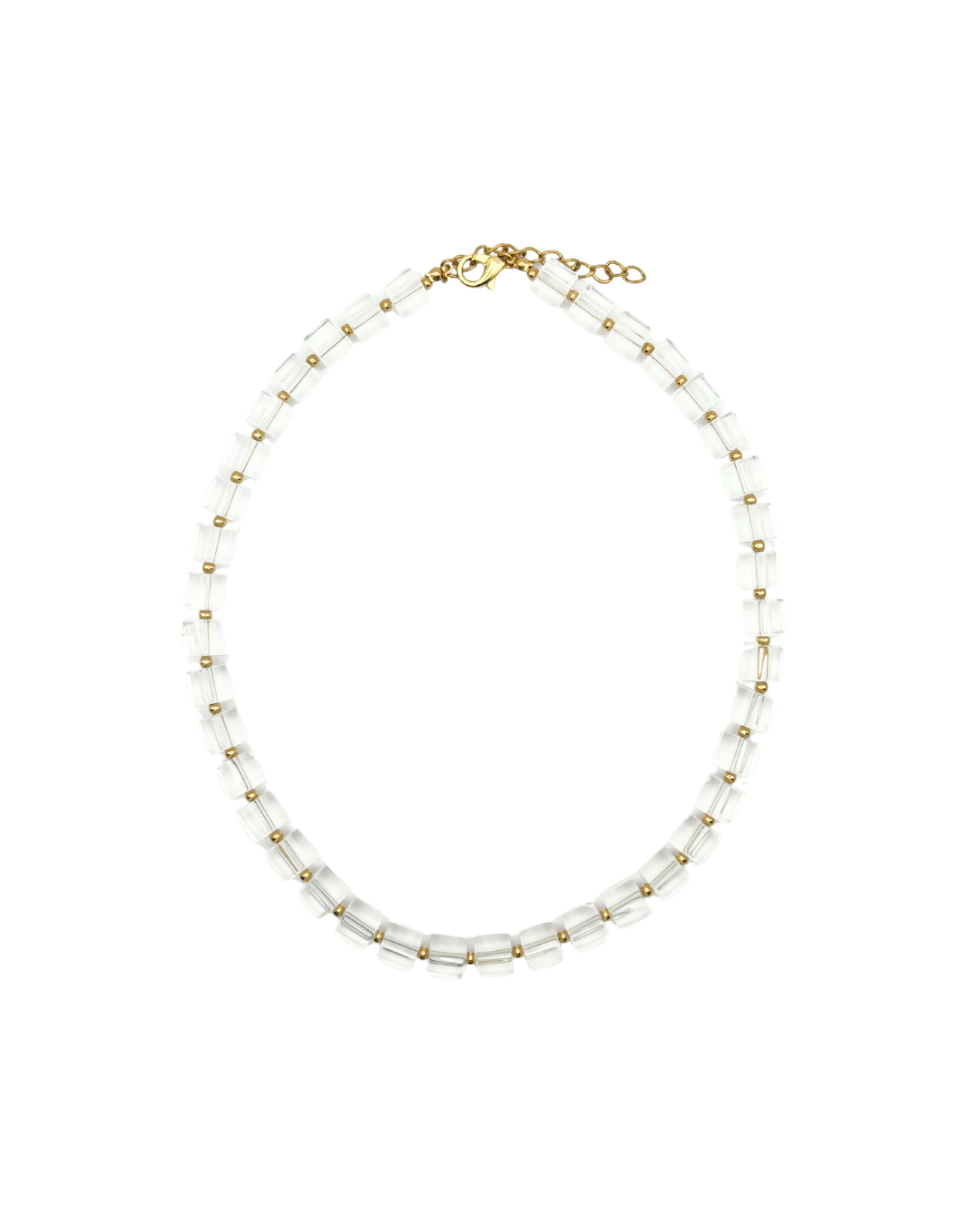 Necklace with white beads and gold accents on a white background