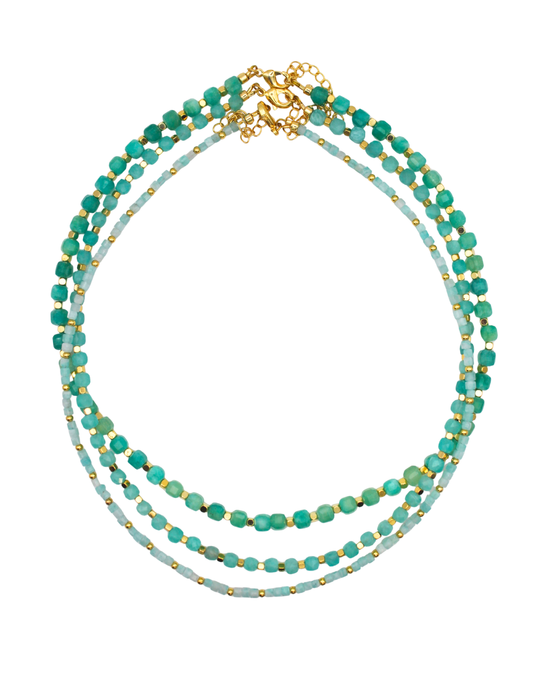 Multistrand necklace with turquoise beads and gold accents.