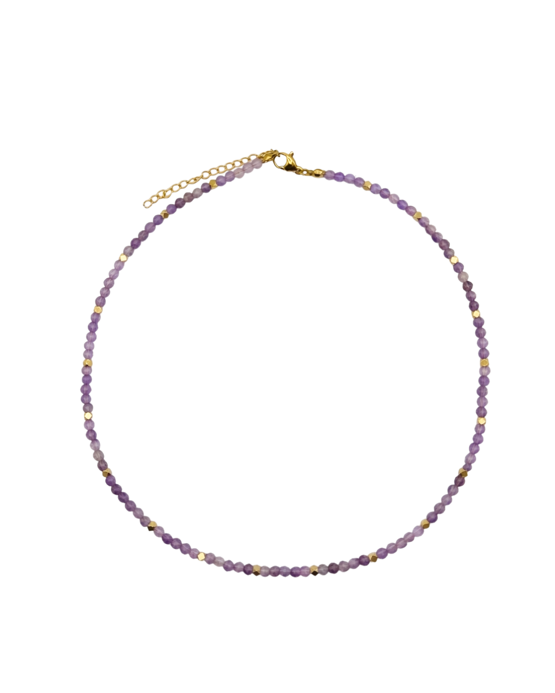 Purple beaded necklace on a white background
