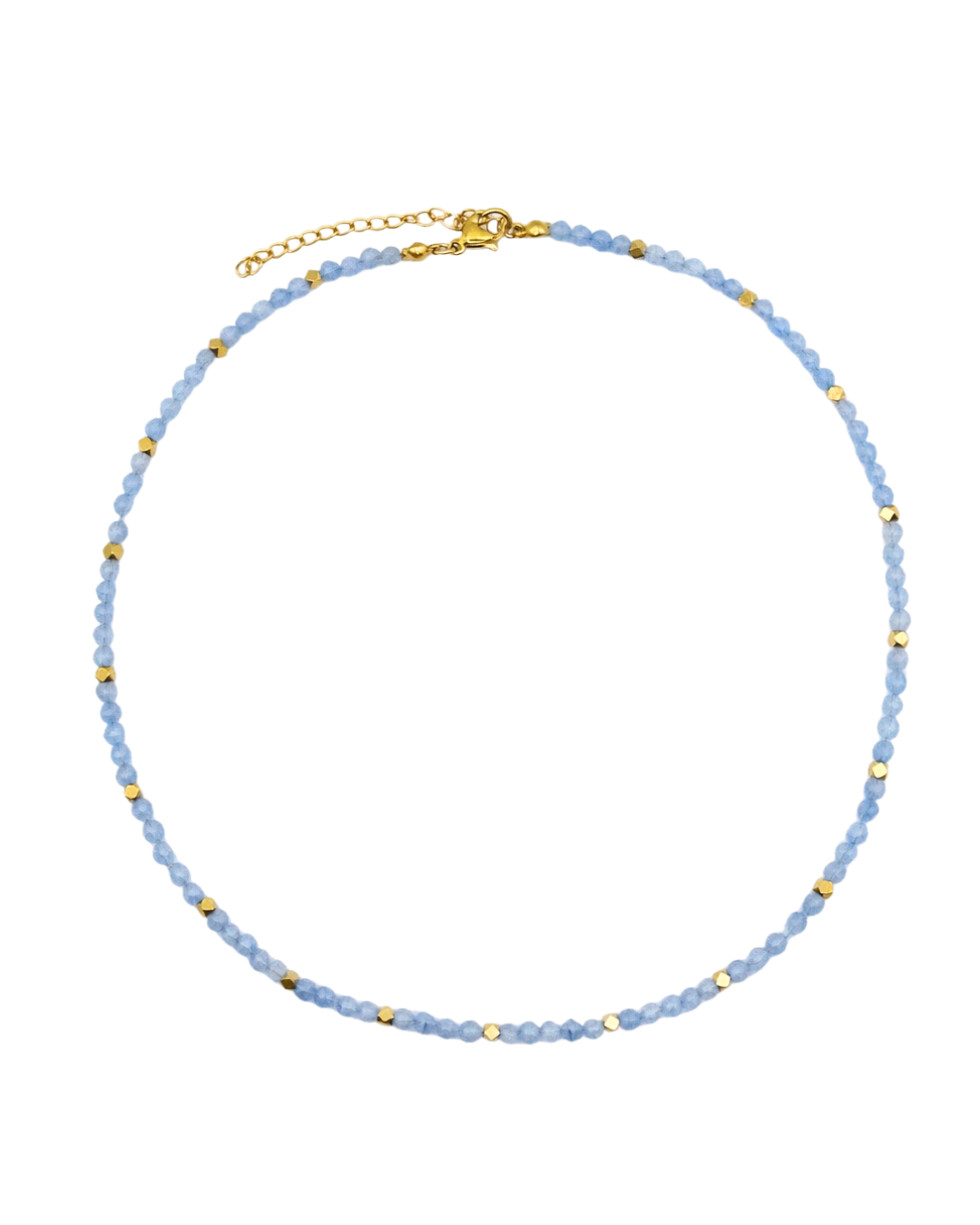 Blue beaded necklace with gold accents on a white background