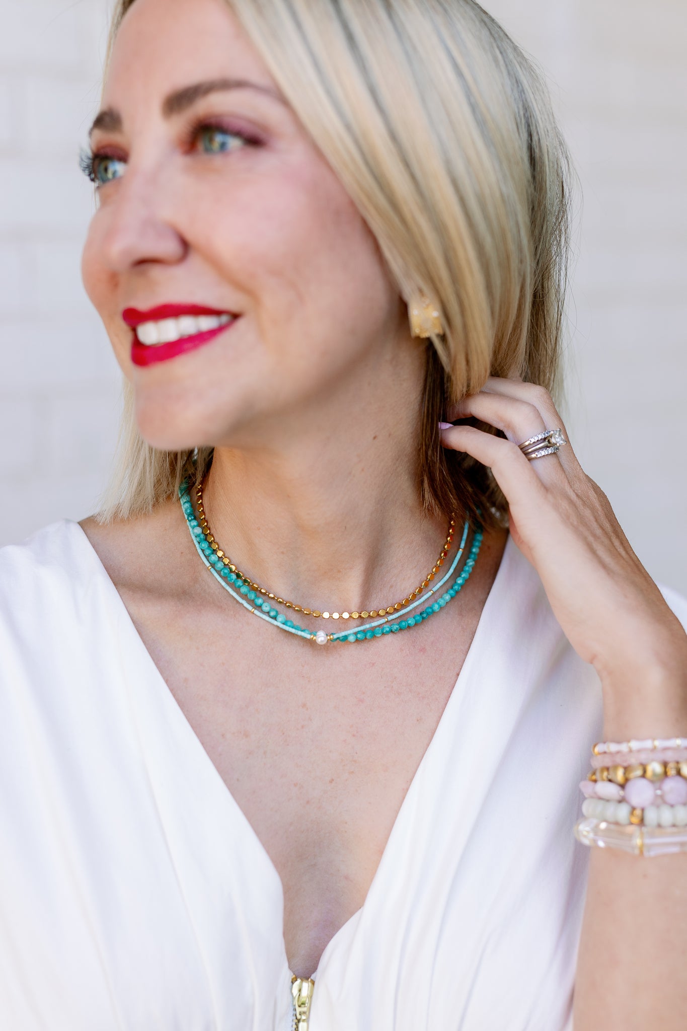 Turquoise Bitty Bauble Necklace and gold dot necklace stacked neckline
