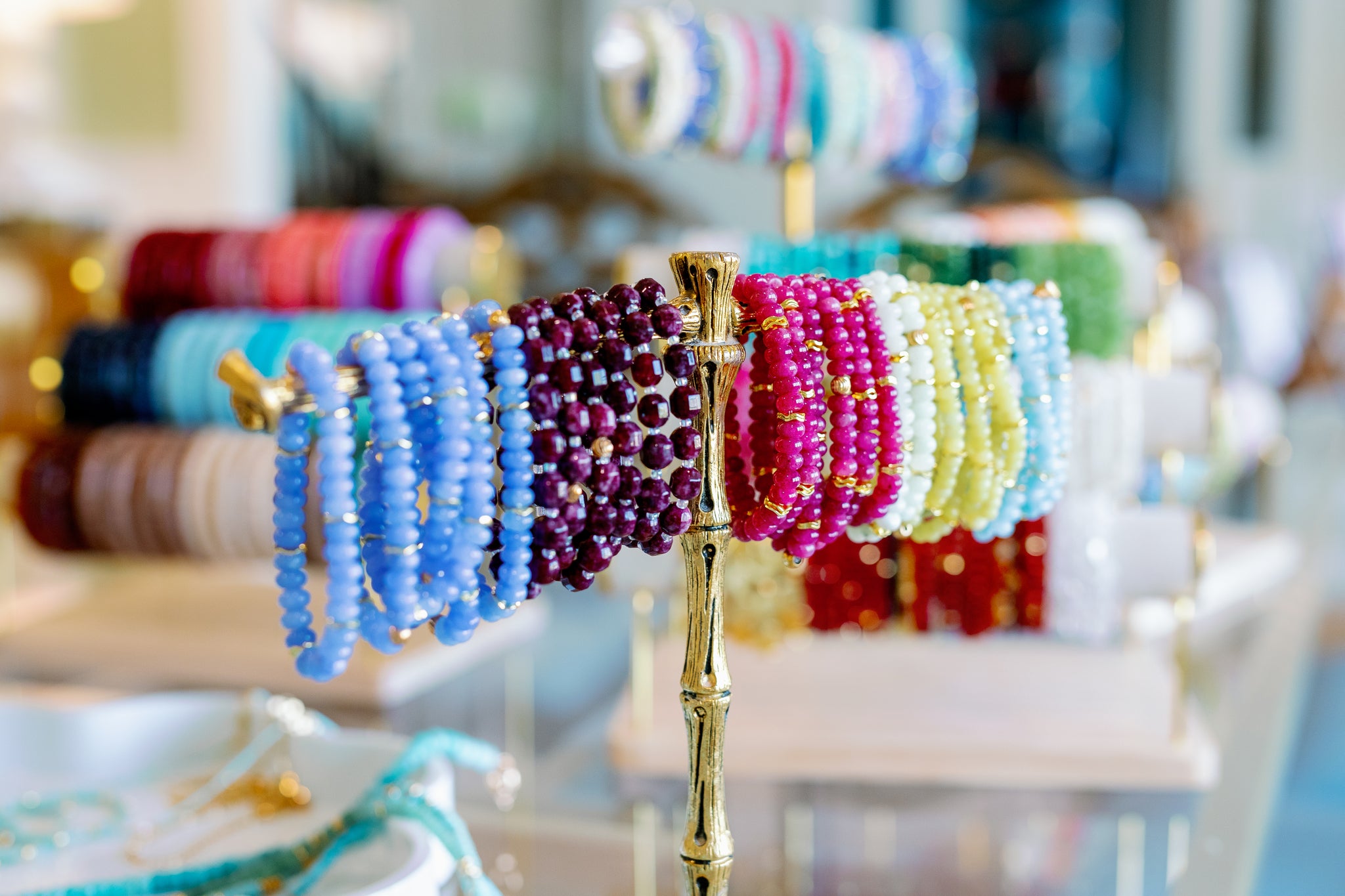 crystal cut and gemstone bracelets display