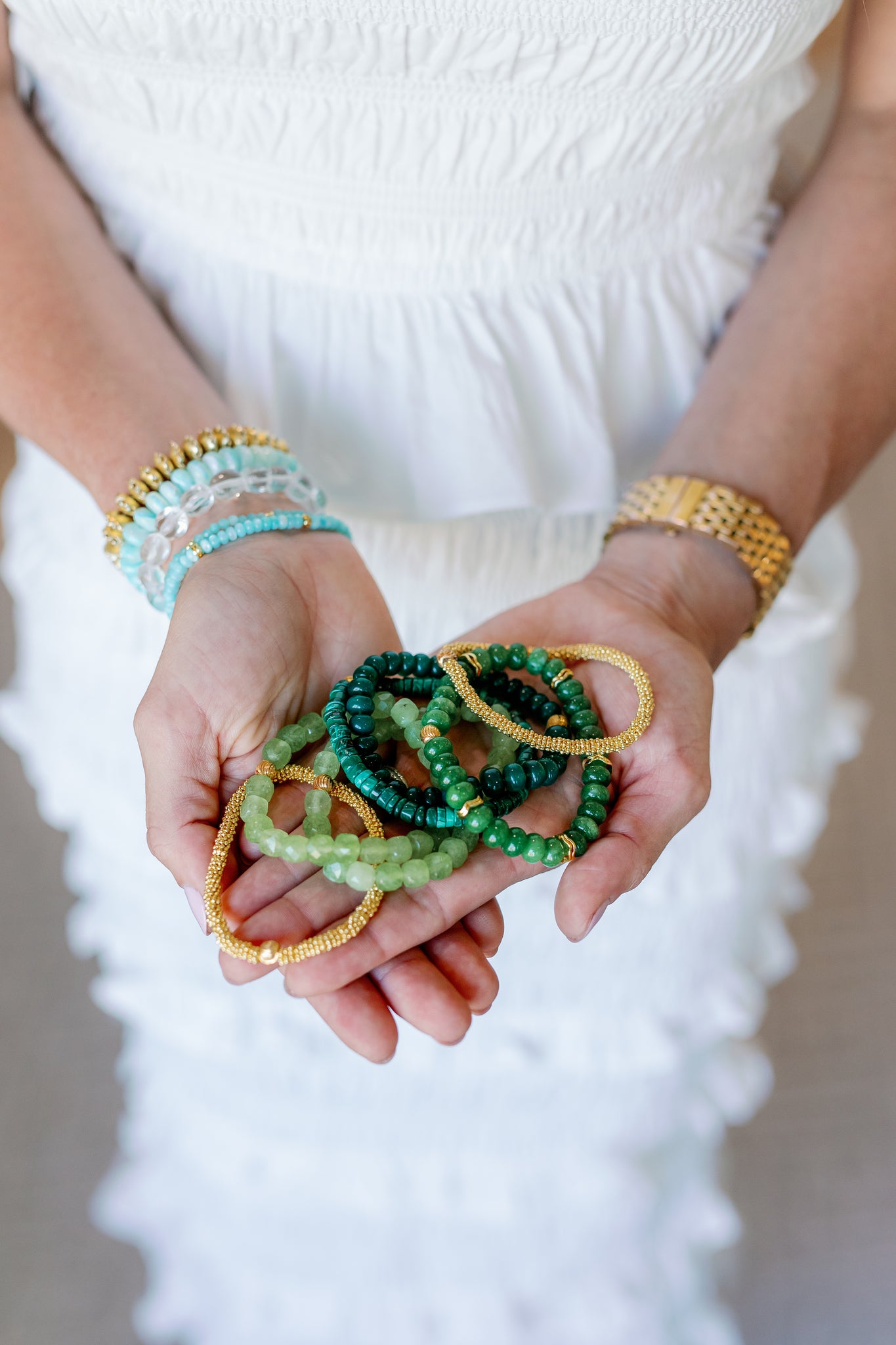 green and gold statement bracelets