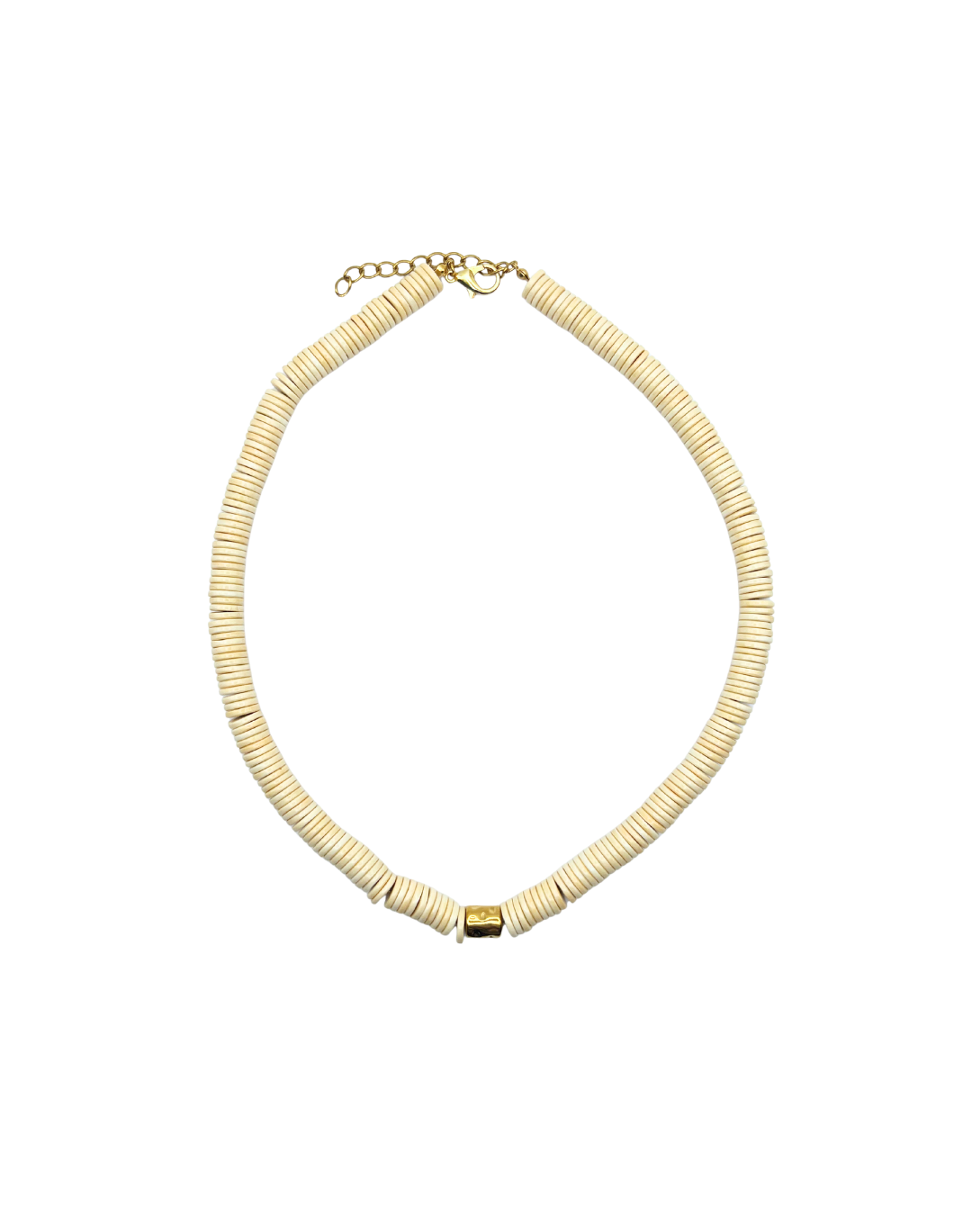 Beige necklace with a gold clasp on a white background
