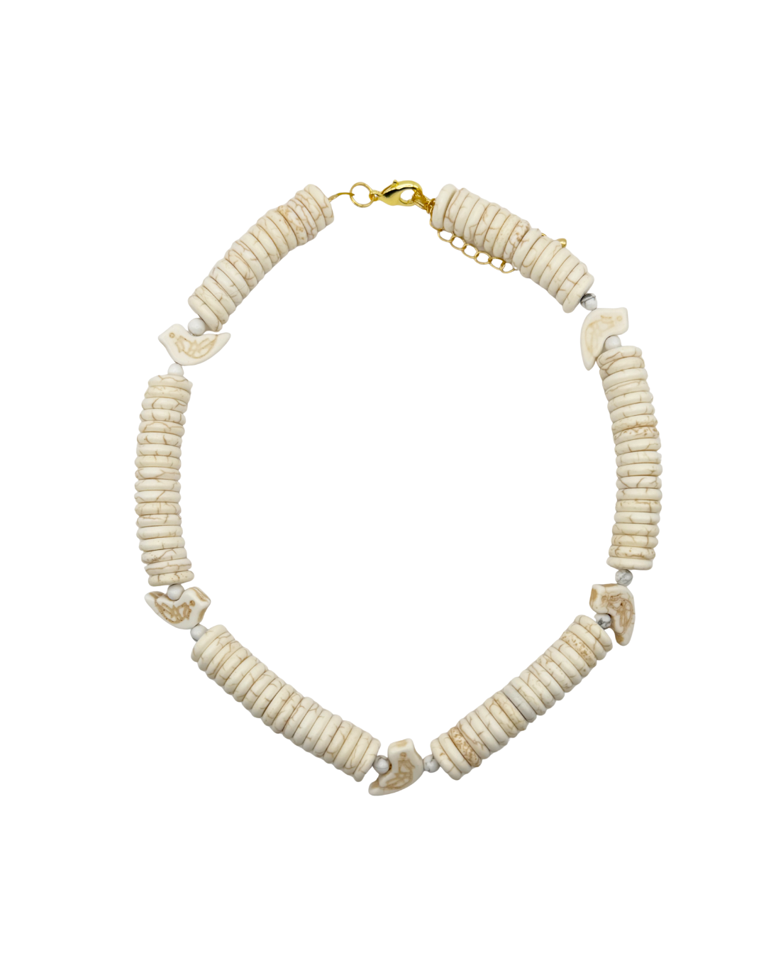 Necklace with shell-like beads and bird charms