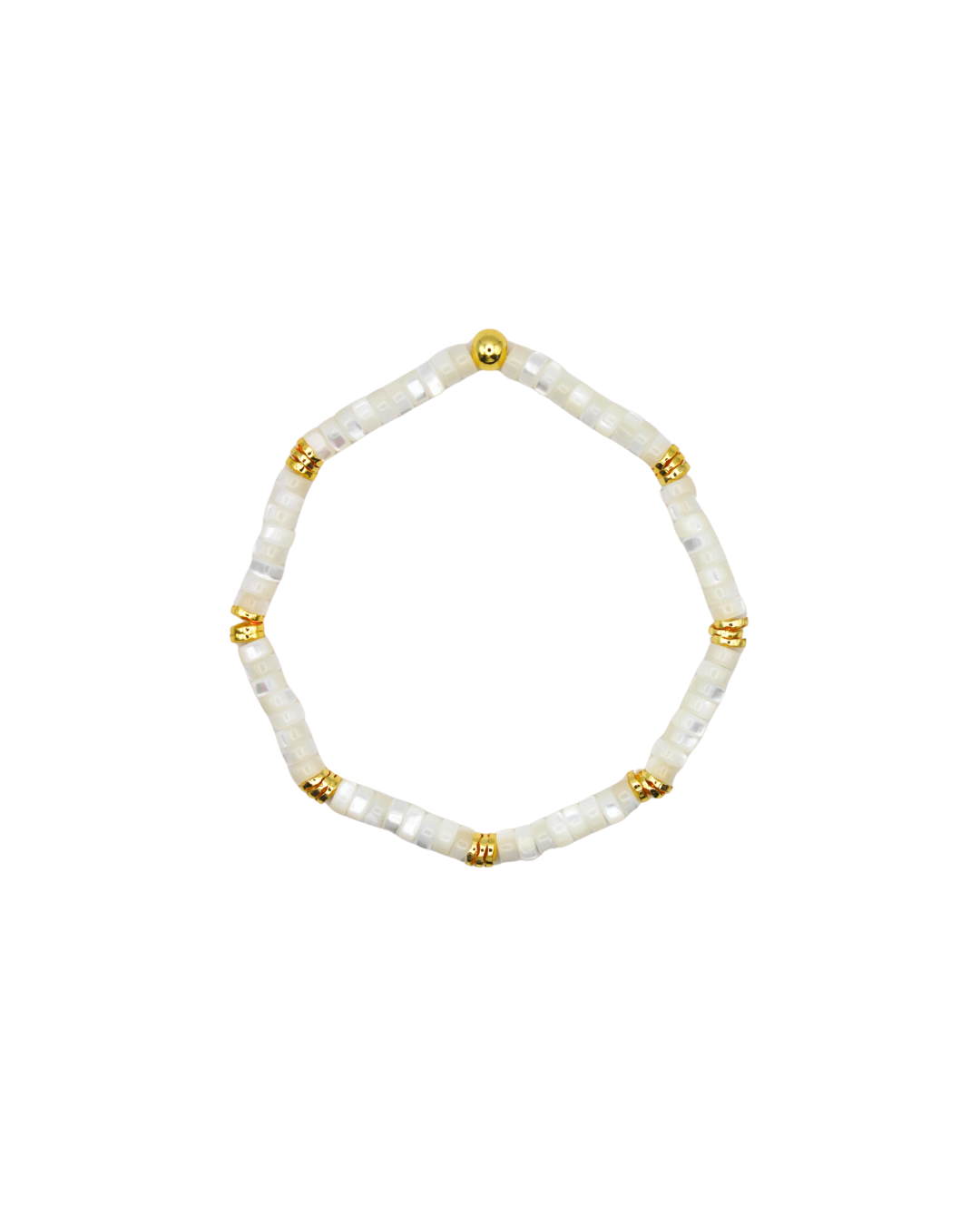 White beaded bracelet with gold accents.