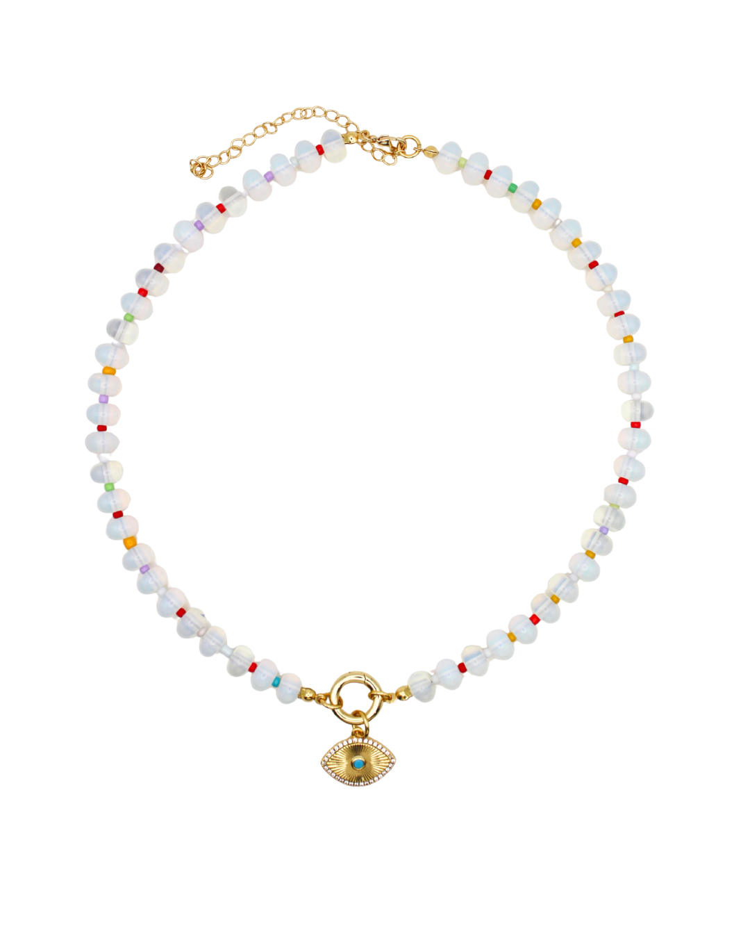 Necklace with white beads and a gold evil eye charm.