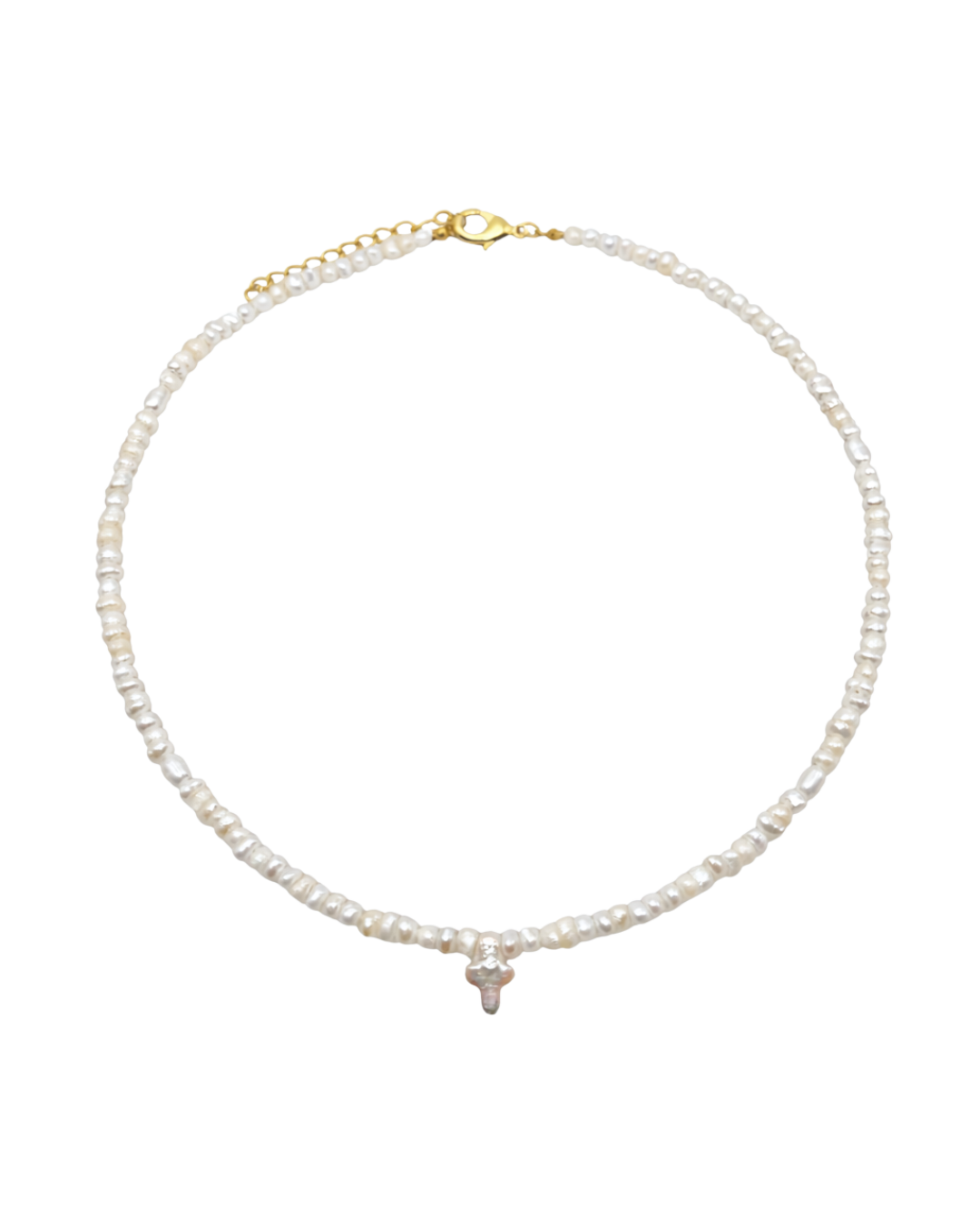 Pearl necklace with a small pendant on a white background