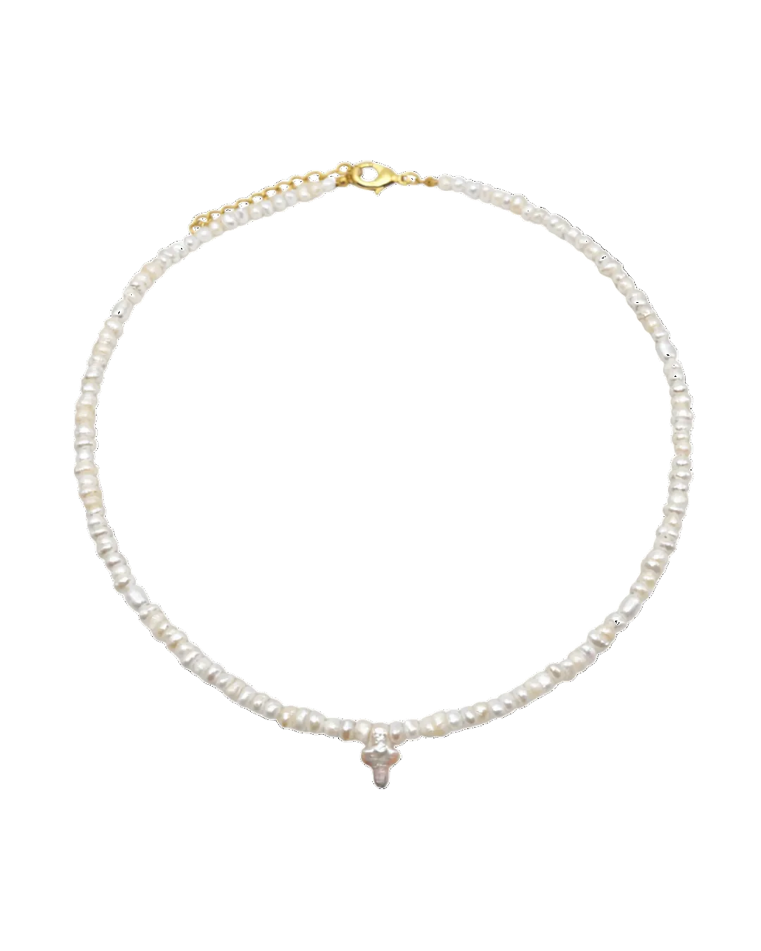 Pearl necklace with a small pendant on a white background