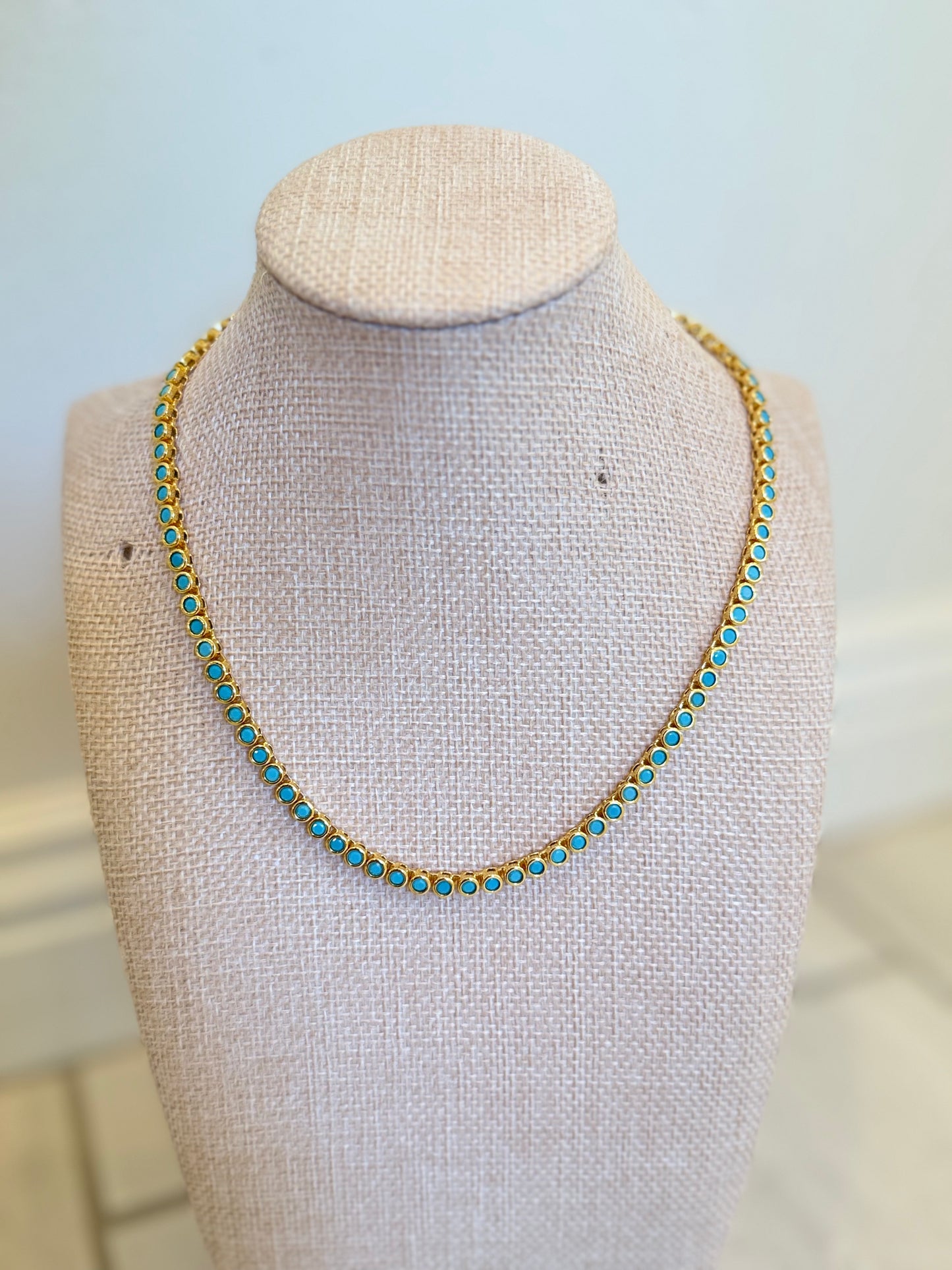 18K Gold & Turquoise Round Bezel Tennis Necklace