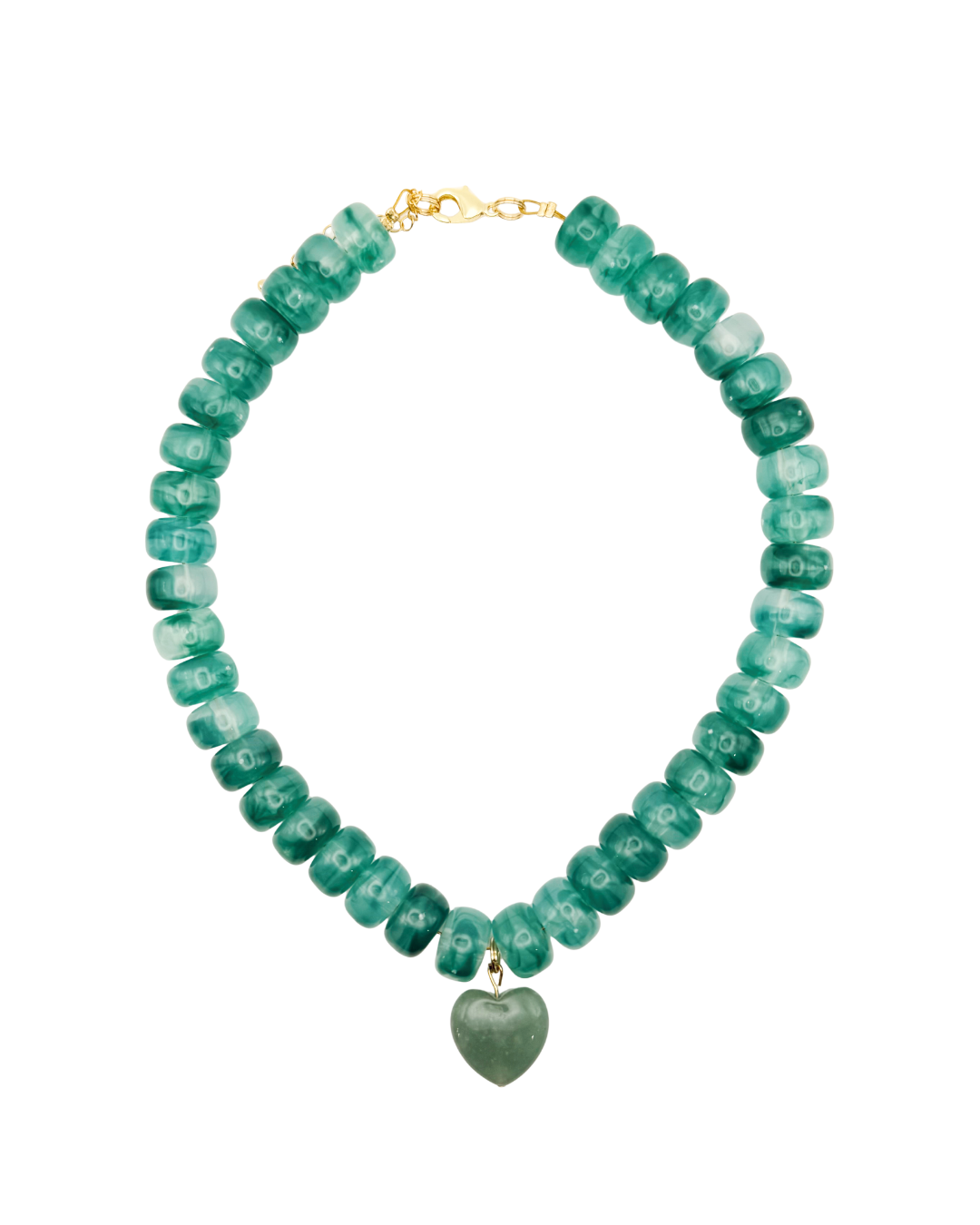 Green beaded necklace with a heart pendant on a white background