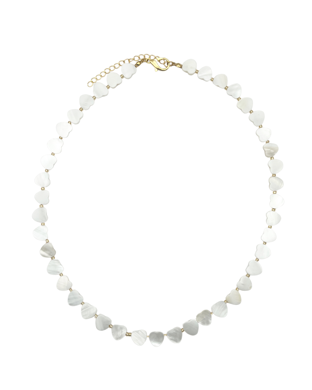 Necklace with white heart-shaped beads on a white background