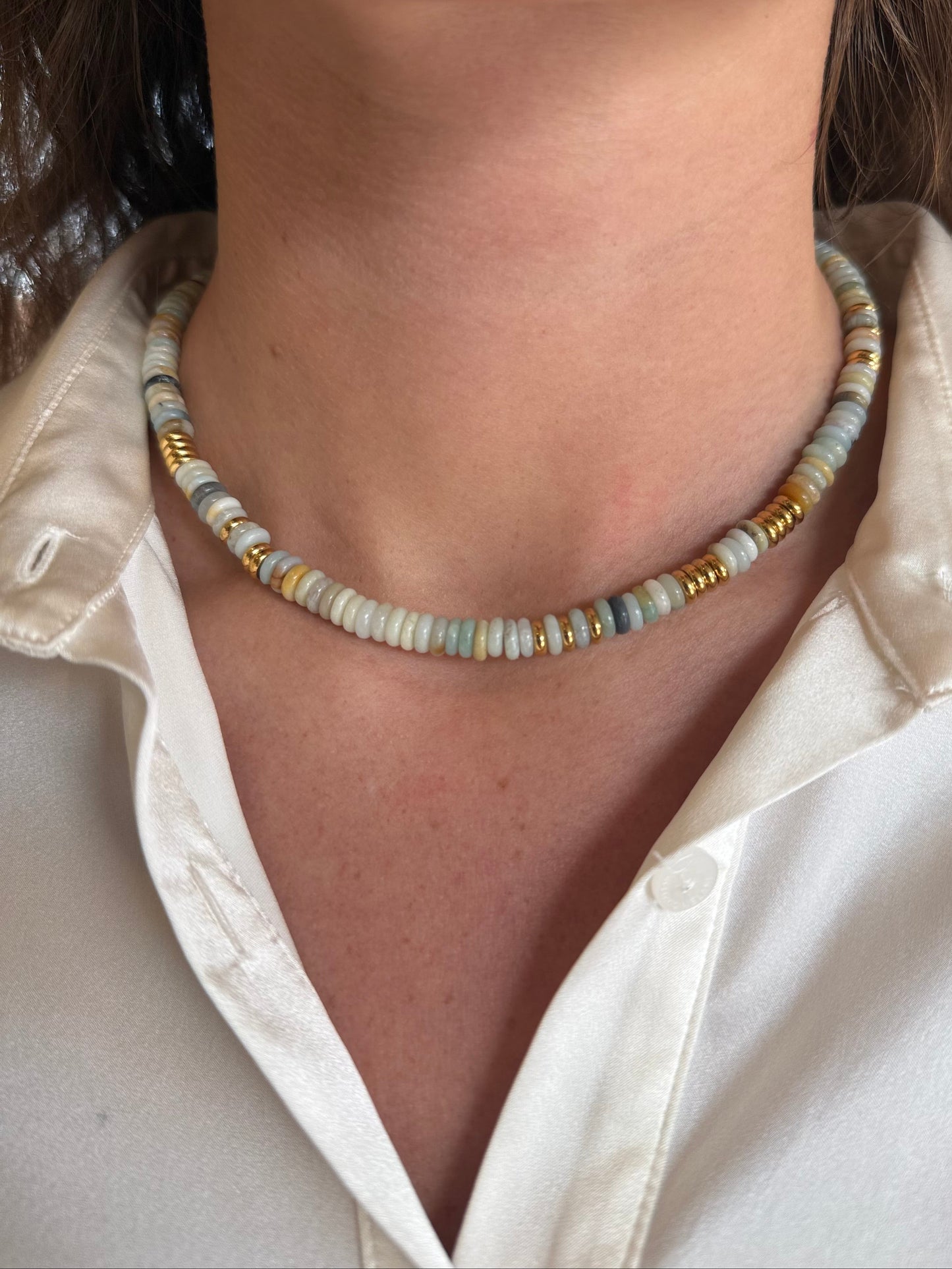 Small Seaglass Multicolor Gemstone Necklace with Gold Accents